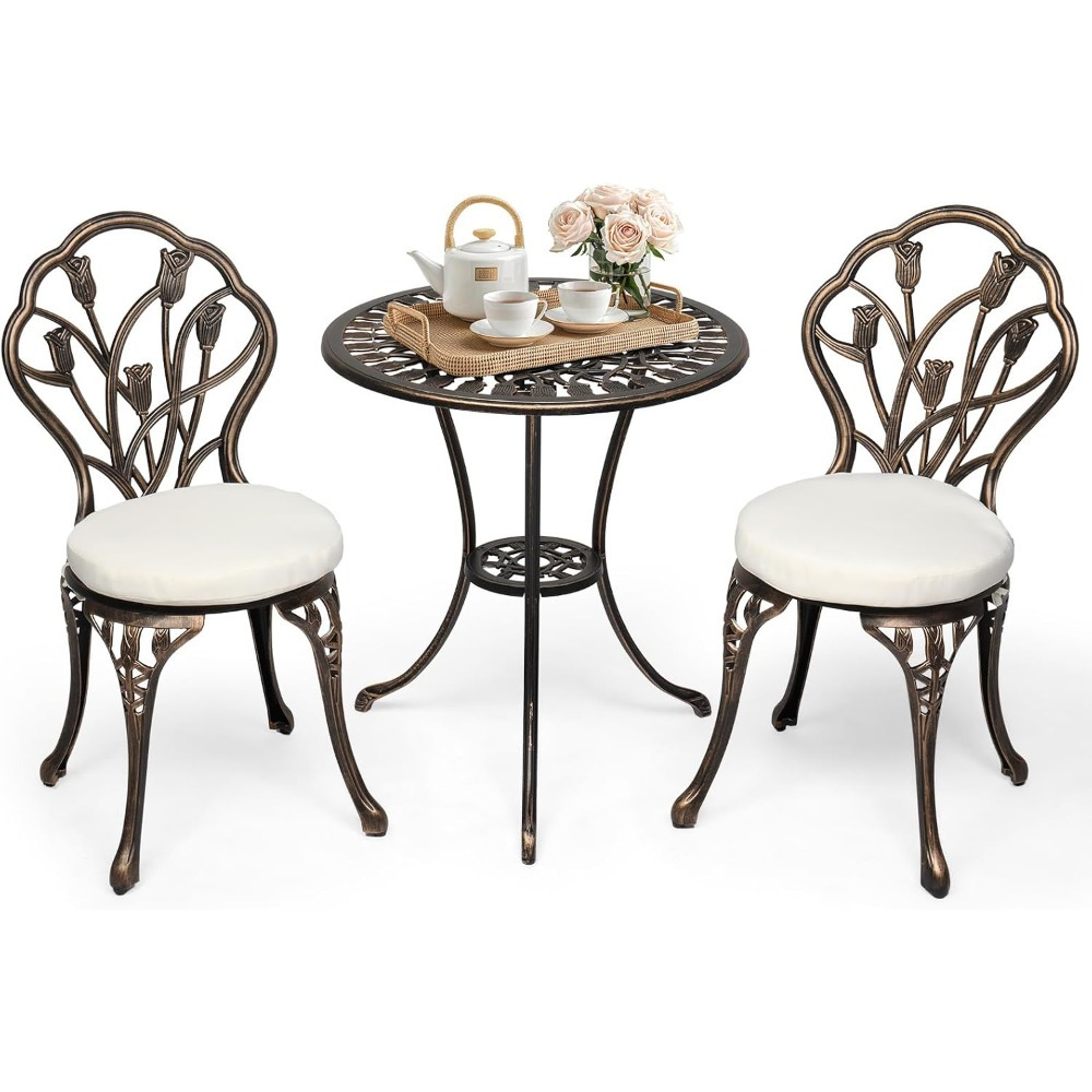 Image of Bonnlo Bistro Set, Bistro Table With 2 Chairs & 2 Cushions, Garden Furniture Set Made Of Cast Aluminum, For Garden, Balcony, Terrace & Indoor, Bronze With Contrast Cushions In White