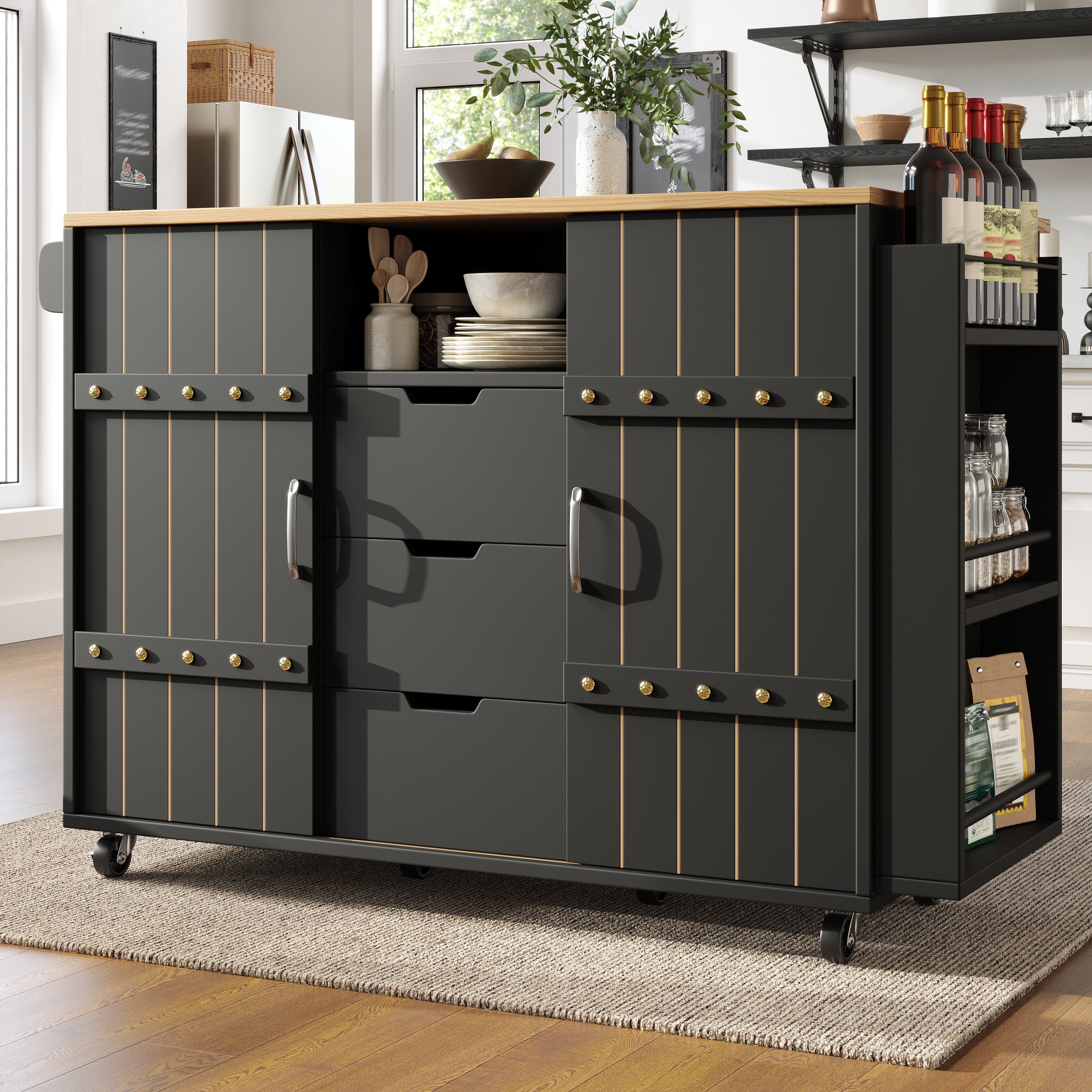 Image of Kitchen Cabinet, Serving Cart With Wood Veneer, Kitchen Cart With Wheels And Worktop, Kitchen Cart With Spice Rack And Towel Holder, Kitchen Island With Sliding Doors And Drawers, Black