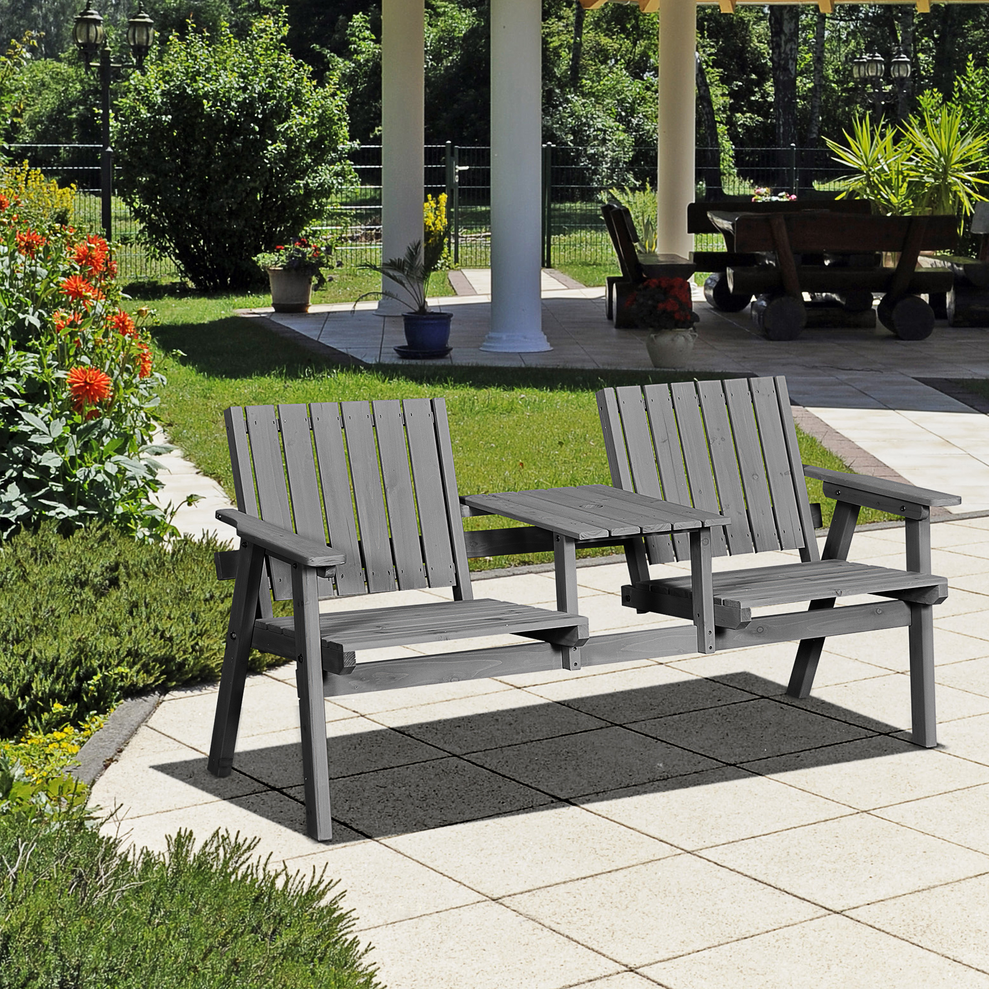 Garden Bench With Table, Seating Group, Garden Furniture, With Umbrella Hole, Bench, 2 Chairs, Solid Wood, Grey, 152 X 70 X 83 Cm