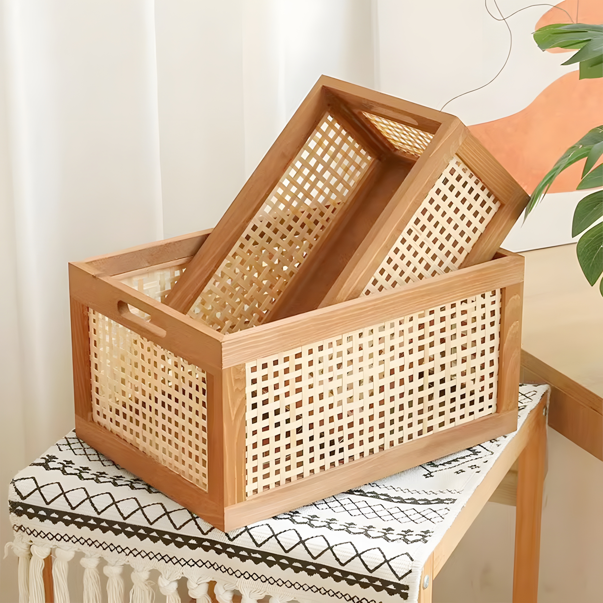 Boho Rattan Storage Basket for Desktop Organization