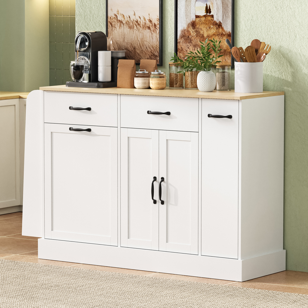 Sideboard With Easy Assembly – 126x40x86 Cm, White & Light Wood, Instructions, Numbered Components, Assembly Time . 2 Hours, For , Dining Rooms, Kitchens & Living Rooms.