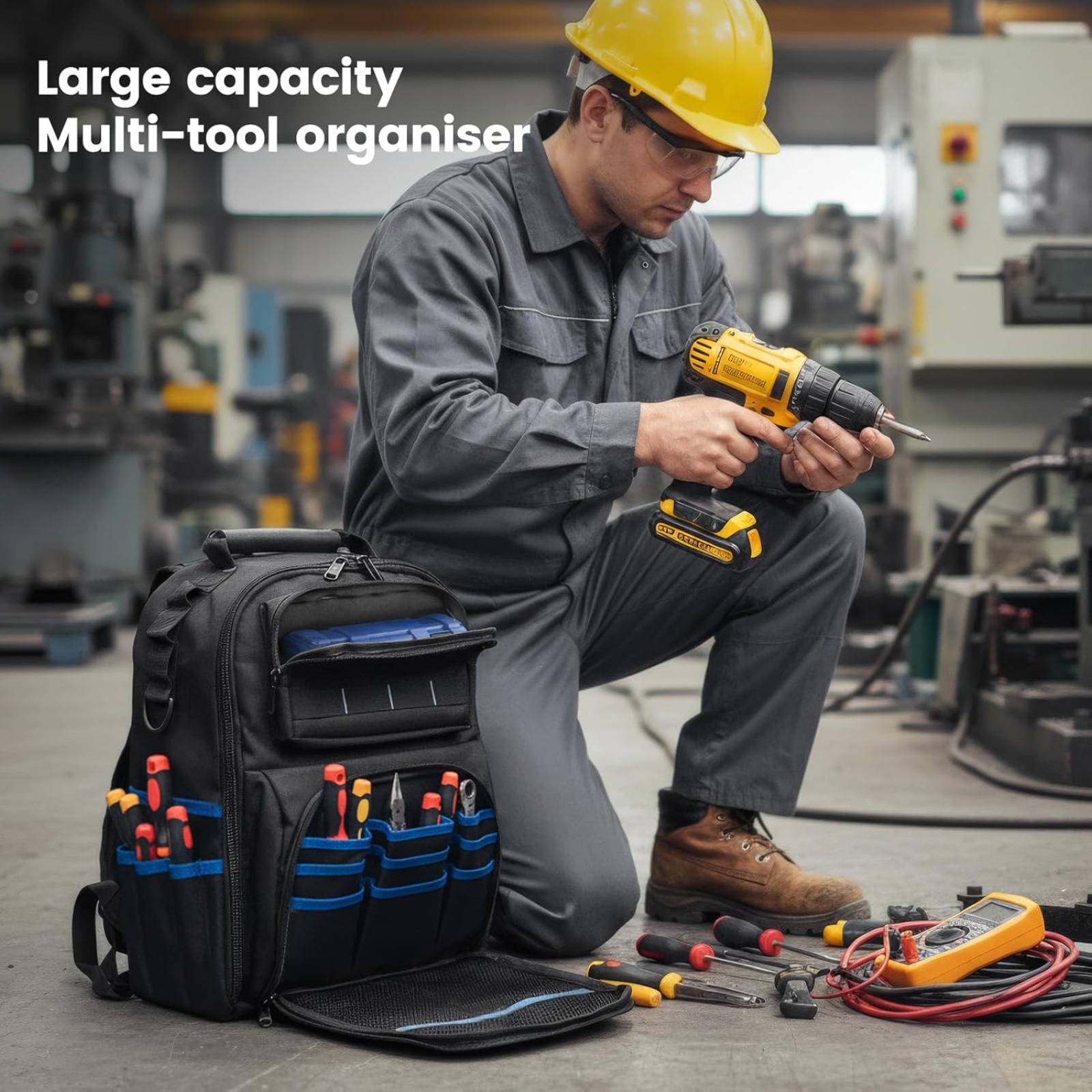 TEMU Heavy Duty Tool Backpack, Professional Electrician Tool Bag With Multi-pocket Organizer, Oxford Fabric Tool Storage Backpack, Padded Shoulder