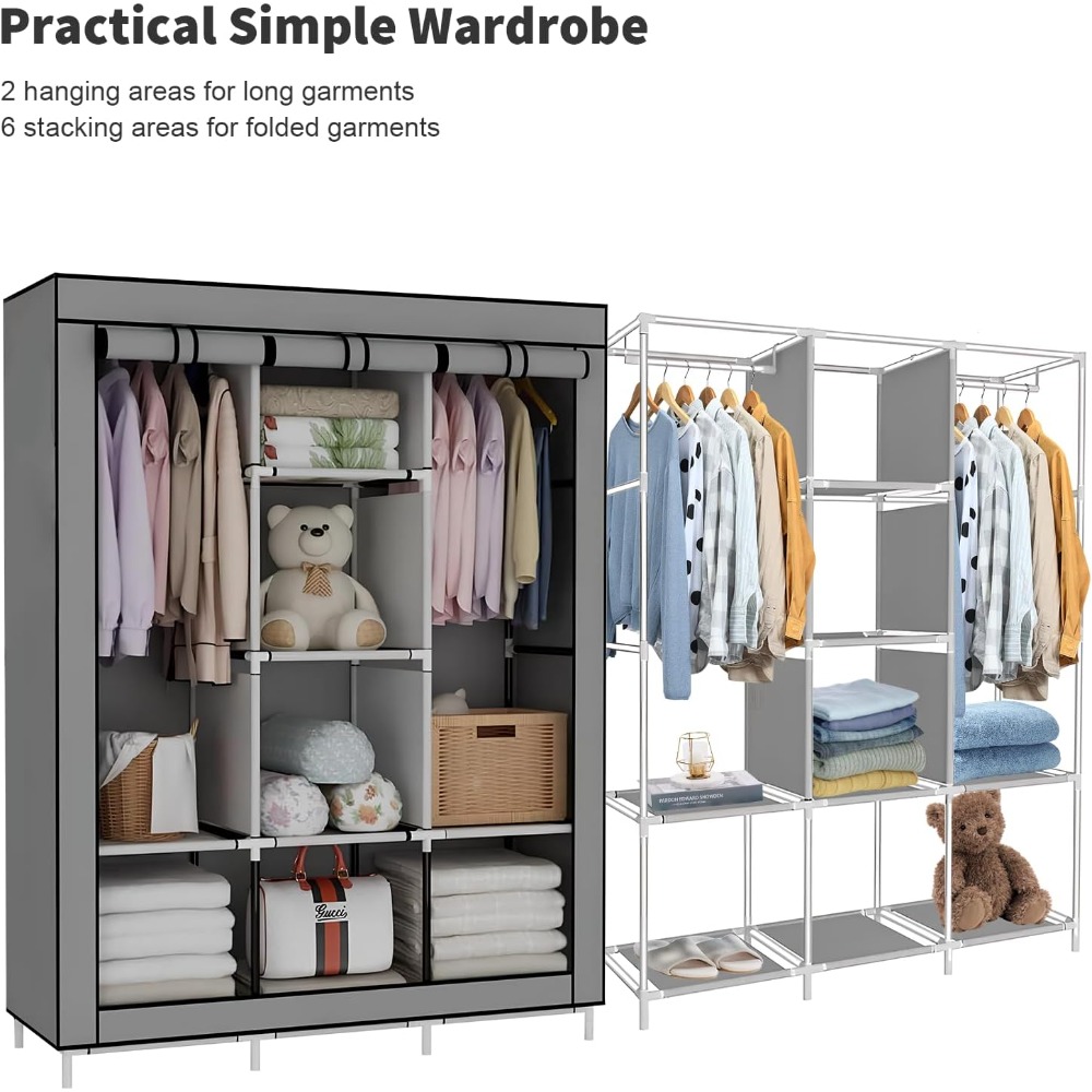 Portable Wardrobe for Bedroom,Fabric Wardrobe, Clothes Rail with Non-Woven Fabric Cover, Clothes Storage Organiser, 45 x 130 x 175 cm, 12 Compartments, Metal Frame