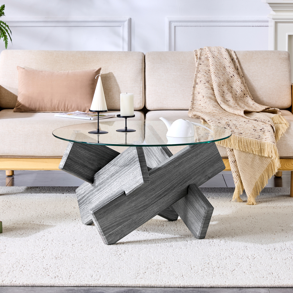 Image of Optional Mdf + Glass Round Coffee Table: Creative Cross Grey Texture Support Legs, Simple And Stylish. 79cm Diameter, 0.8cm Thick Tempered Glass Surface