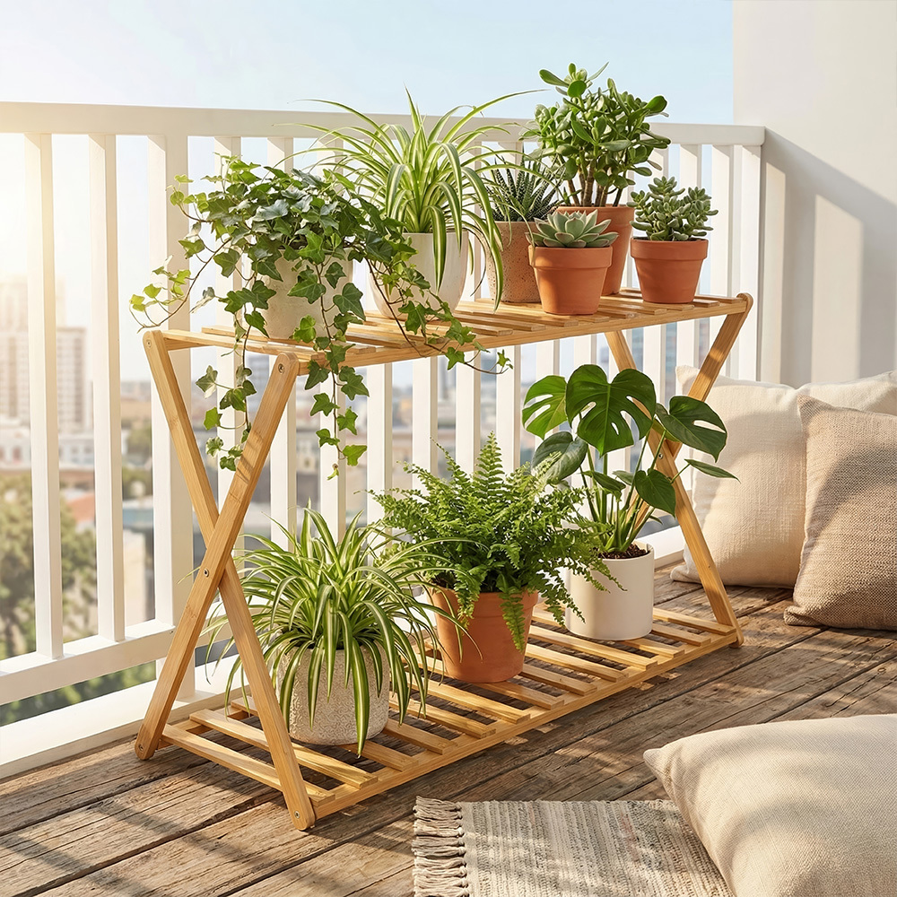 TEMU 1pc Freestanding Wooden 2 Tier Plant Stands Utility Racks, Durable Flower Shelf Plant Holder For Indoor Outdoor, Multifuctional Shoe Rack Stand,