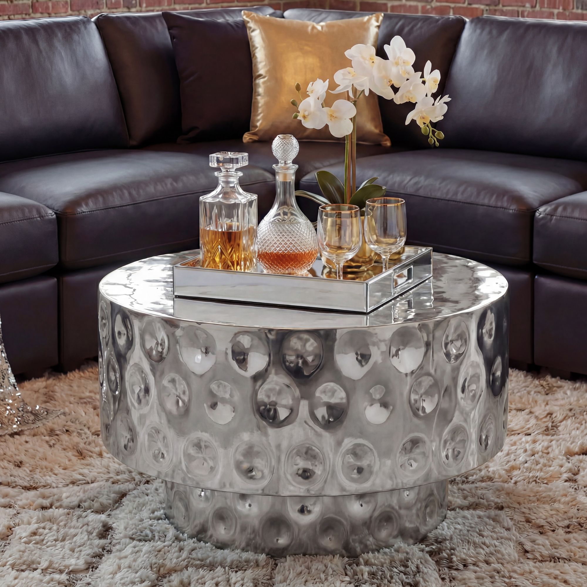 Aluminum Round Coffee Table 60cm Silvery - Design Living Room Table - Modern Lounge Table - Drum-shaped Side Table - Handmade Living Room Side Table