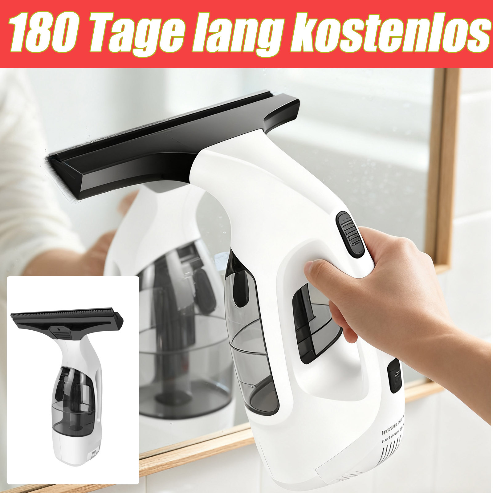 Image of Window Vacuum, Cordless Window Cleaner Vacuum, 50 Minutes Operating Time, 300 Ml Spray Bottle With Microfiber Cloth, For Windows, Mirrors, Shower Glass, Tiles, Worktops, Black And White.