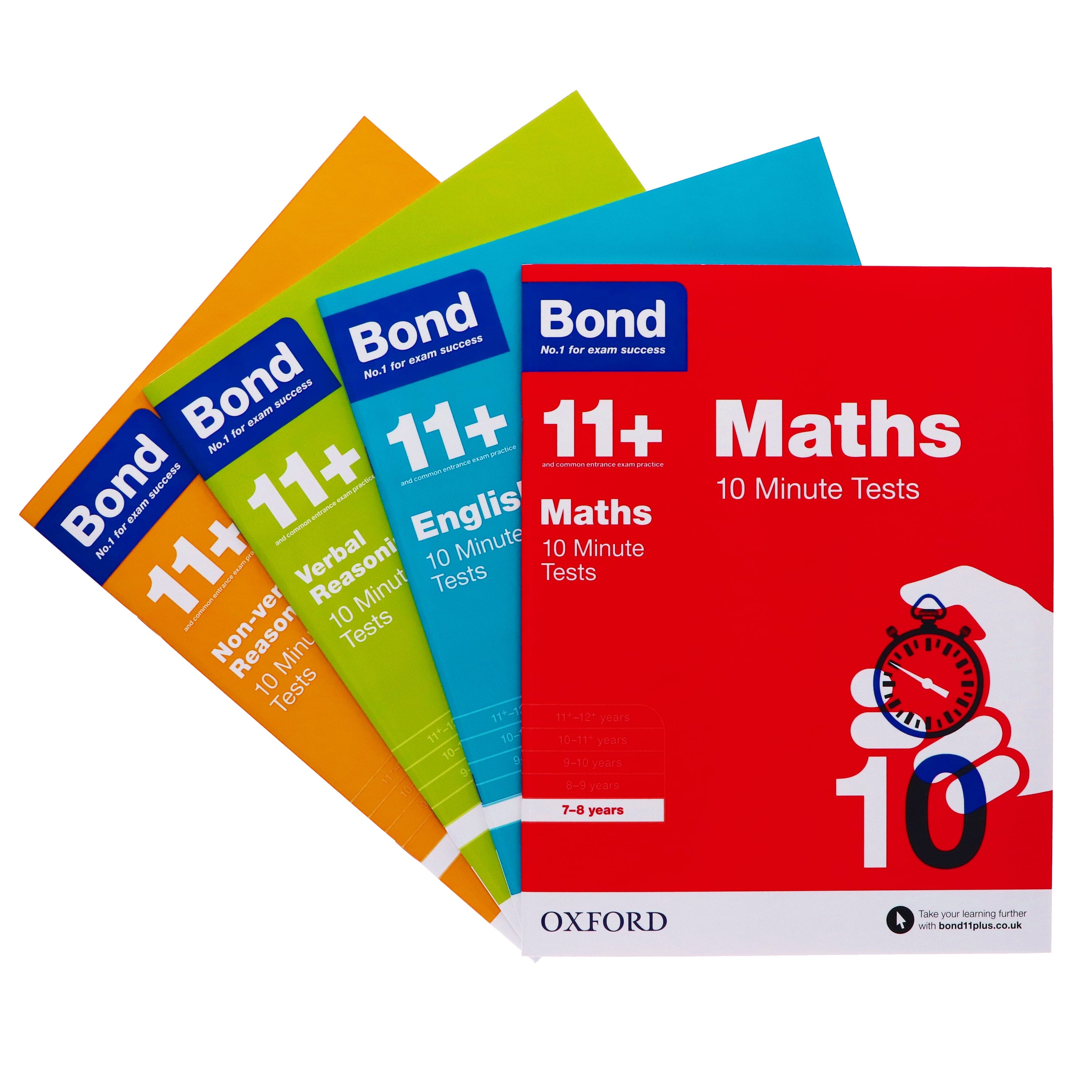 Bond 11+ 10 Minute Tests 4 Books Collection Set - English, Maths & Reasoning - Ages 7-8 - Paperback