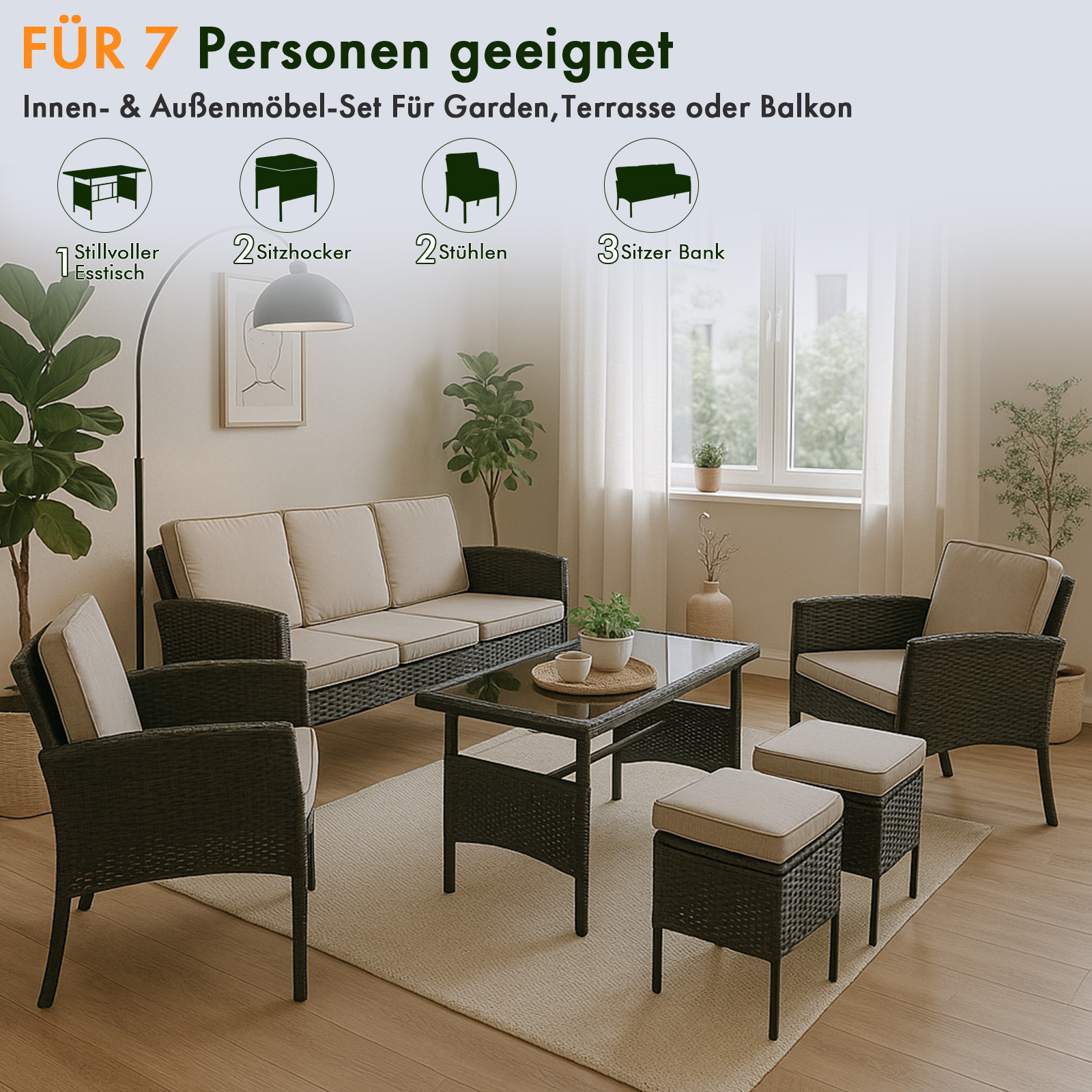 Image of 1pcs Table And 1pcs 3 Person Armrest Sofa And 2pcs Double Armrest Sofa And 2pcs Footstool Black Rattan Gray Cushion Woven Rattan Multi Piece Set