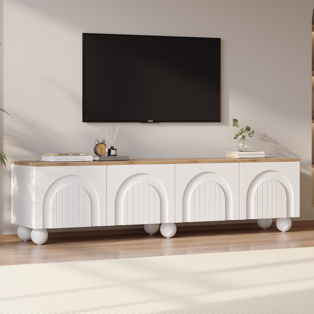 Image of Tv Stand 180x40x45cm – For 80 Inches, Curved , , 2 Storage Areas, Mdf, 30kg Load Capacity, White With Wood For Living Room
