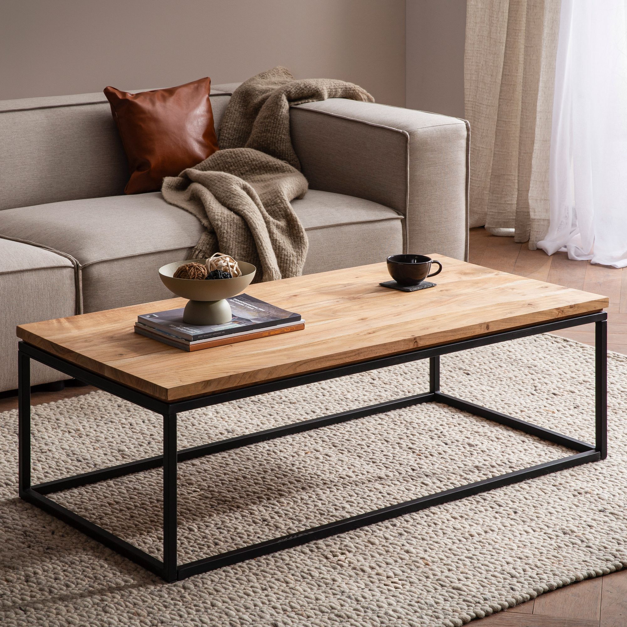 Coffee Table 120x60x40 Cm Solid Acacia Wood Metal Sofa Table Rectangular, Modern Living Room Table With Natural Wood Grain, Coffee Table Living Room Modern