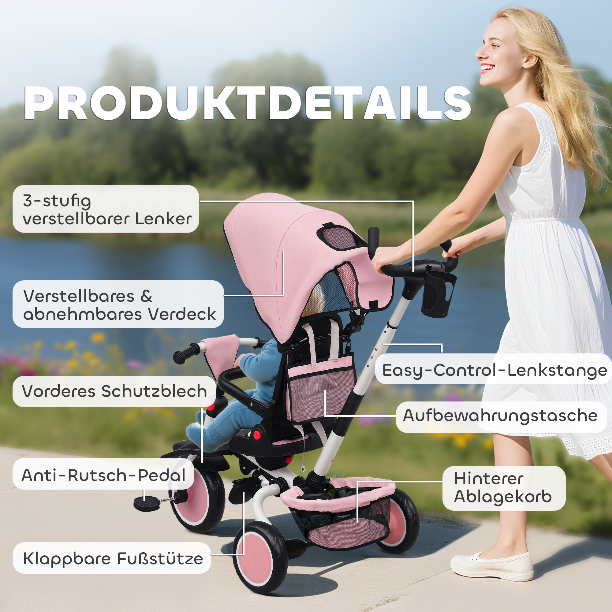 Kinderdriehoek, 6-in-1 Peuterwagen met Duwhandvat, Verstelbare Zitting, Opvouwbaar Ontwerp, Veiligheidsnet