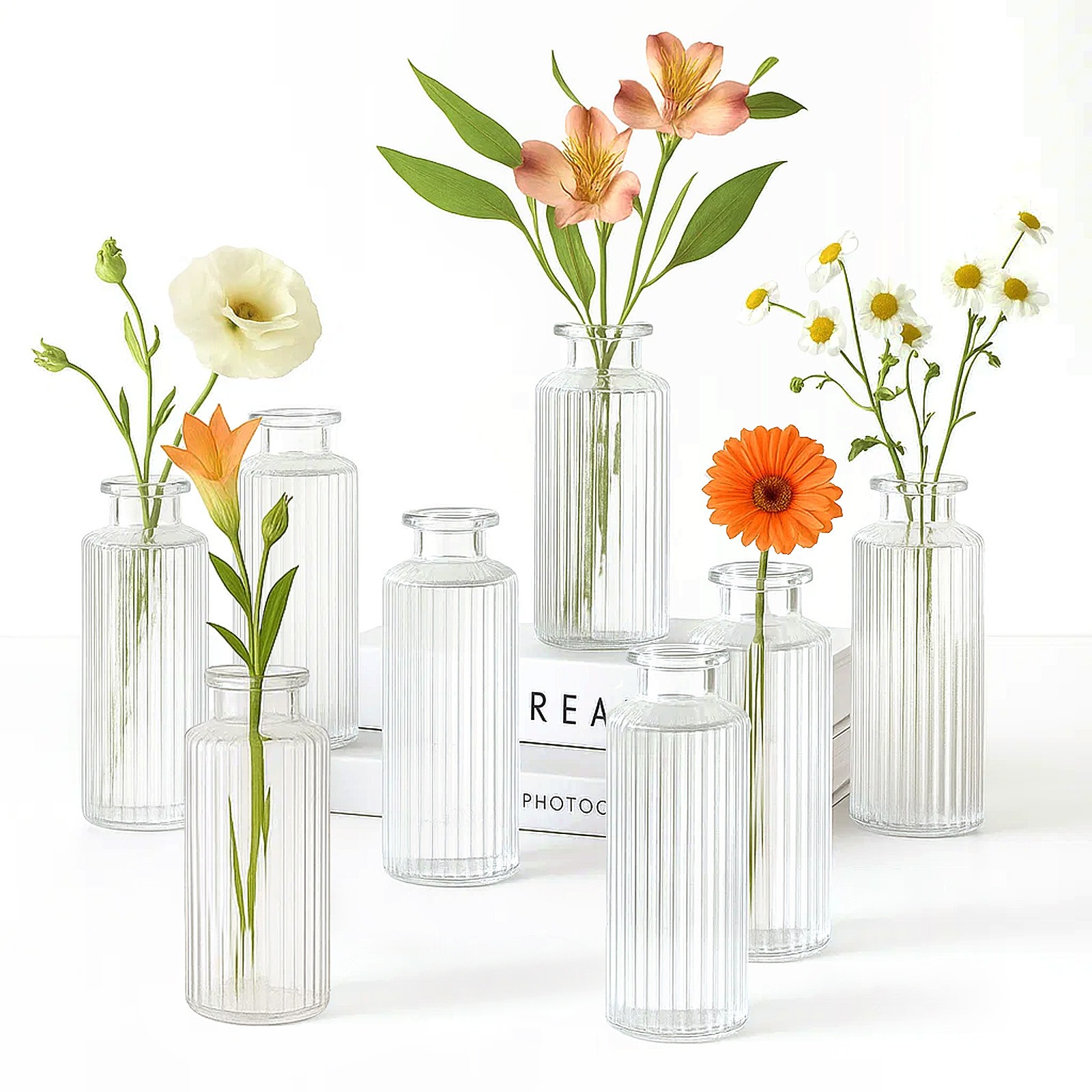 TEMU 8pcs Small Vases For Flowers Mini Clear Glass Bud Vases In Bulk, Mini Ribbed Flower Vase Set For Centerpiece, Wedding Table Ceterpiece, Home