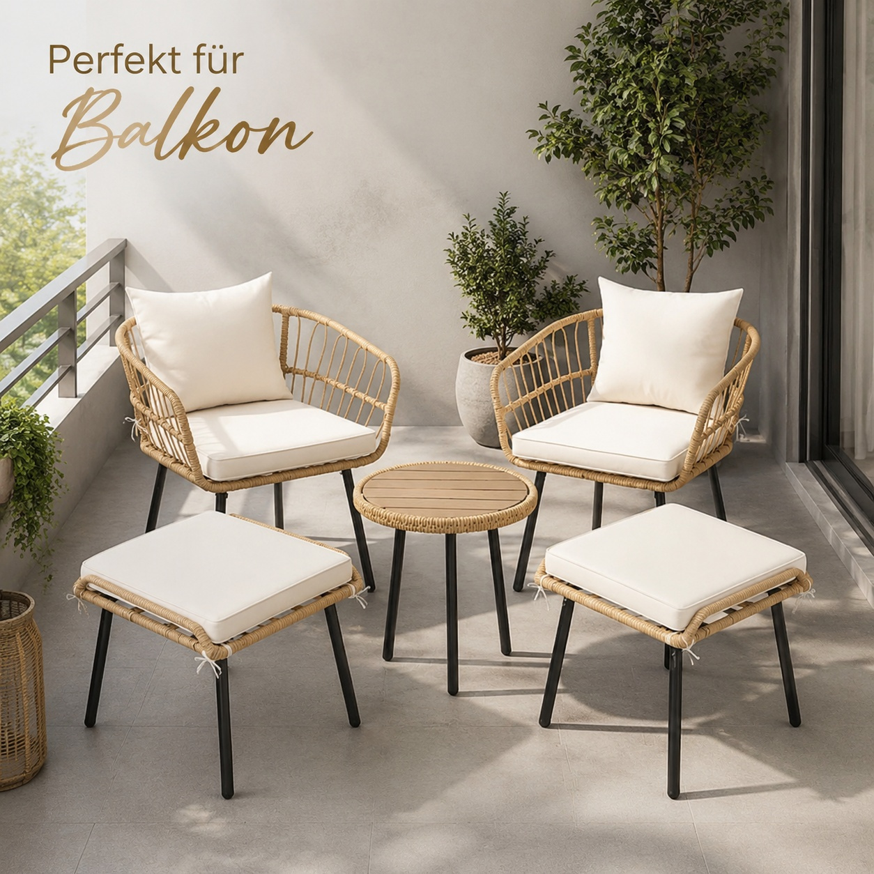 Image of 5pcs Garden Furniture Set With Rattan Look, 2 Armchairs + 2 Stools + 1 Round Table, Weather-resistant For Balcony, Terrace, Courtyard