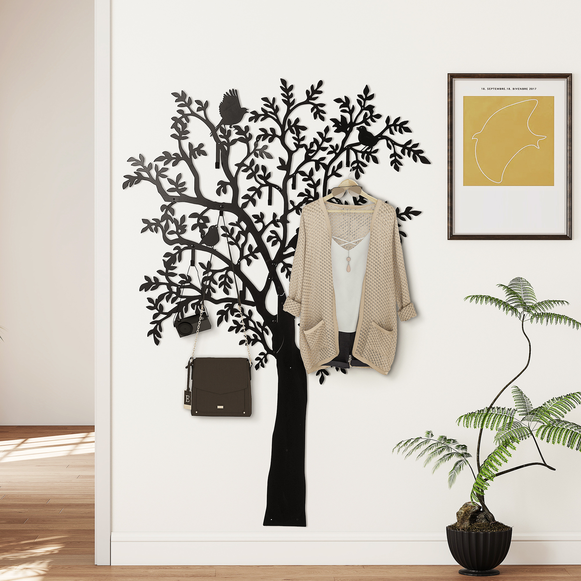 Clothing Racks With 8 Hooks, 4 Bird-pattern Coat Racks In Tree Shape, Modern Wardrobe For Clothing, Hat, Bag, Living Room, Black.
