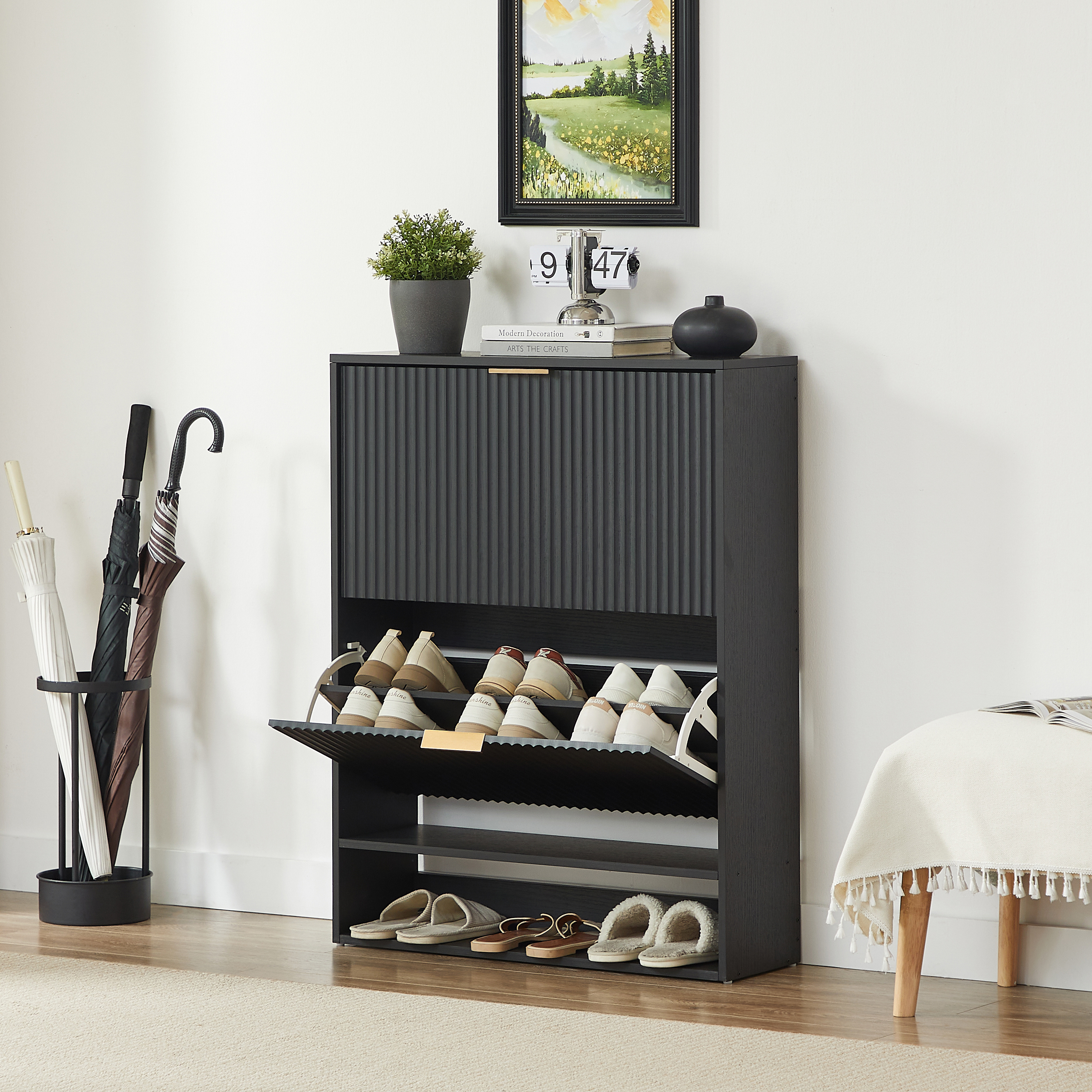 Image of 80 X 24 Cm Shoe Cabinet With Grooved Front – Height Adjustable With Tilt Protection And Decorative Table For , In Black