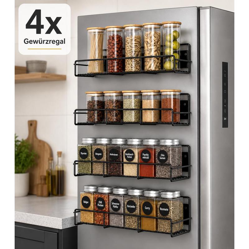 Image of Magnetic Spice Rack 4-piece Set, No-drill Refrigerator Organizer, Kitchen Metal