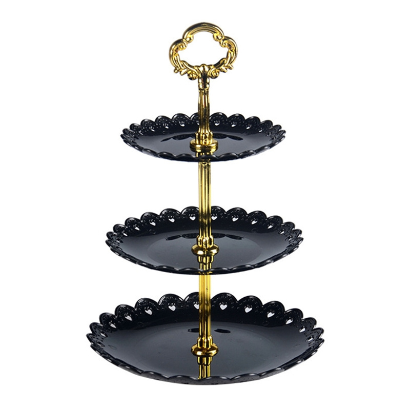Black 3-tier Cake Stand With A Golden Handle For Cakes And Desserts, Plastic