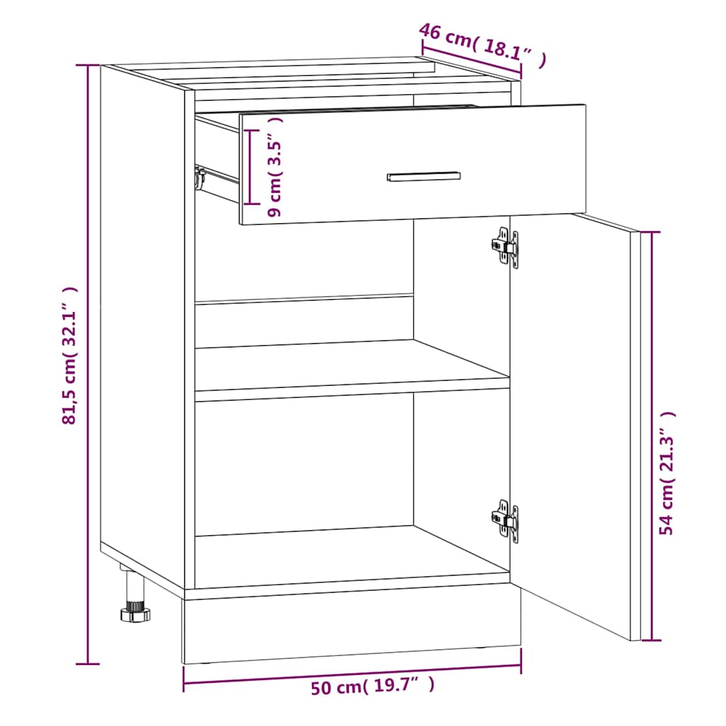 Image of Base Cabinet With Drawer "" Smoked Oak 50x46x81.5 Cm, Kitchen Cabinet, Cabinet, Gastro Furniture, Kitchen Furniture, Storage Cabinet