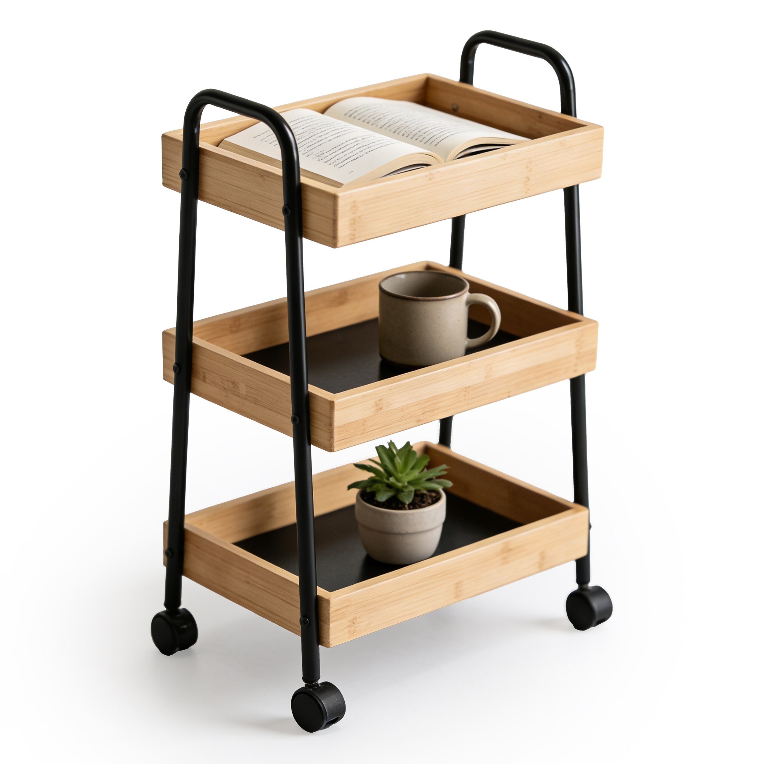 Trolley In Black/natural - (w)45.5 X (h)73 X (d)28 Cm