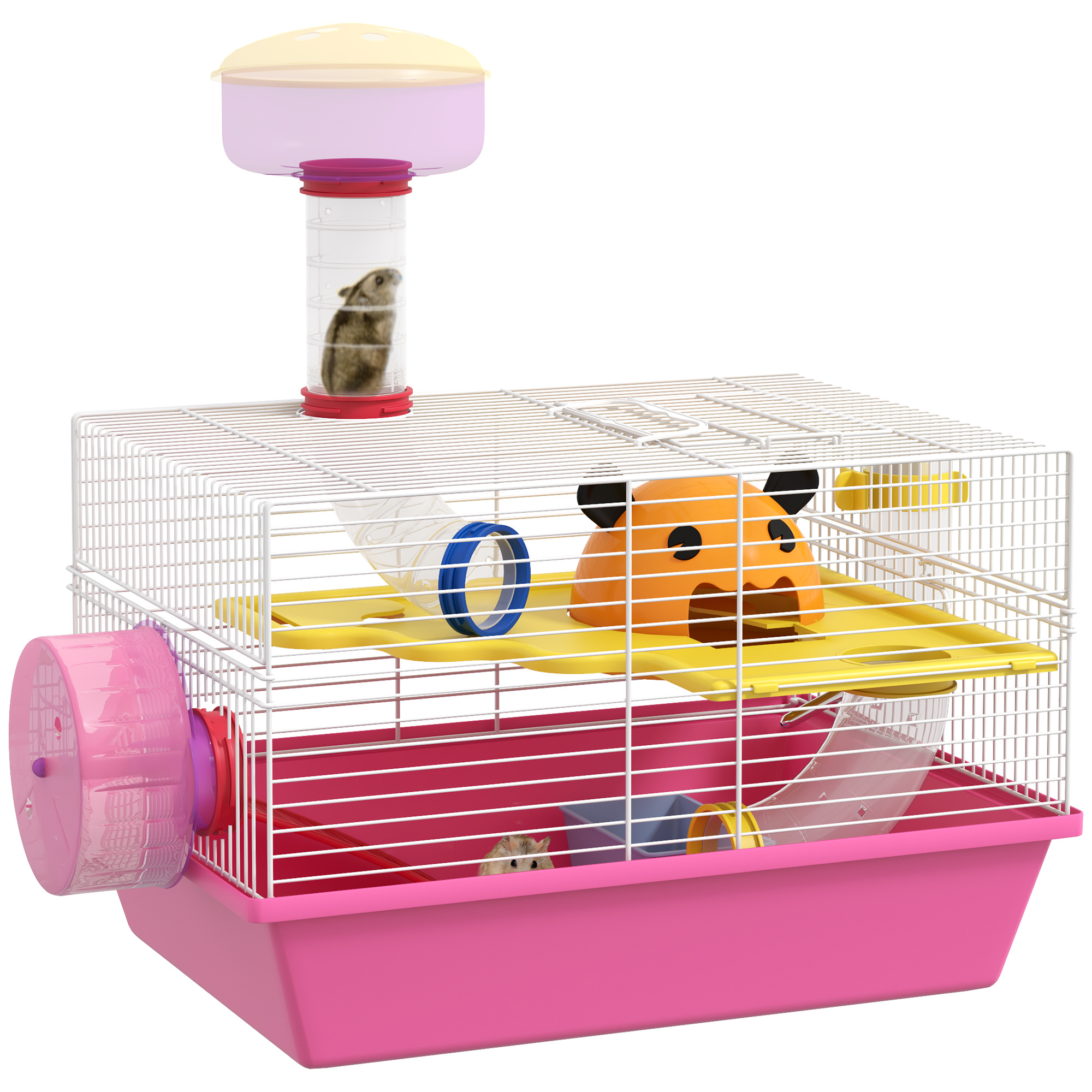 Pawhut Hamster Rat Rodent Cage With Platform, Water Bottle, Wheel, House, 34 X 27 X 25 Cm, Pink