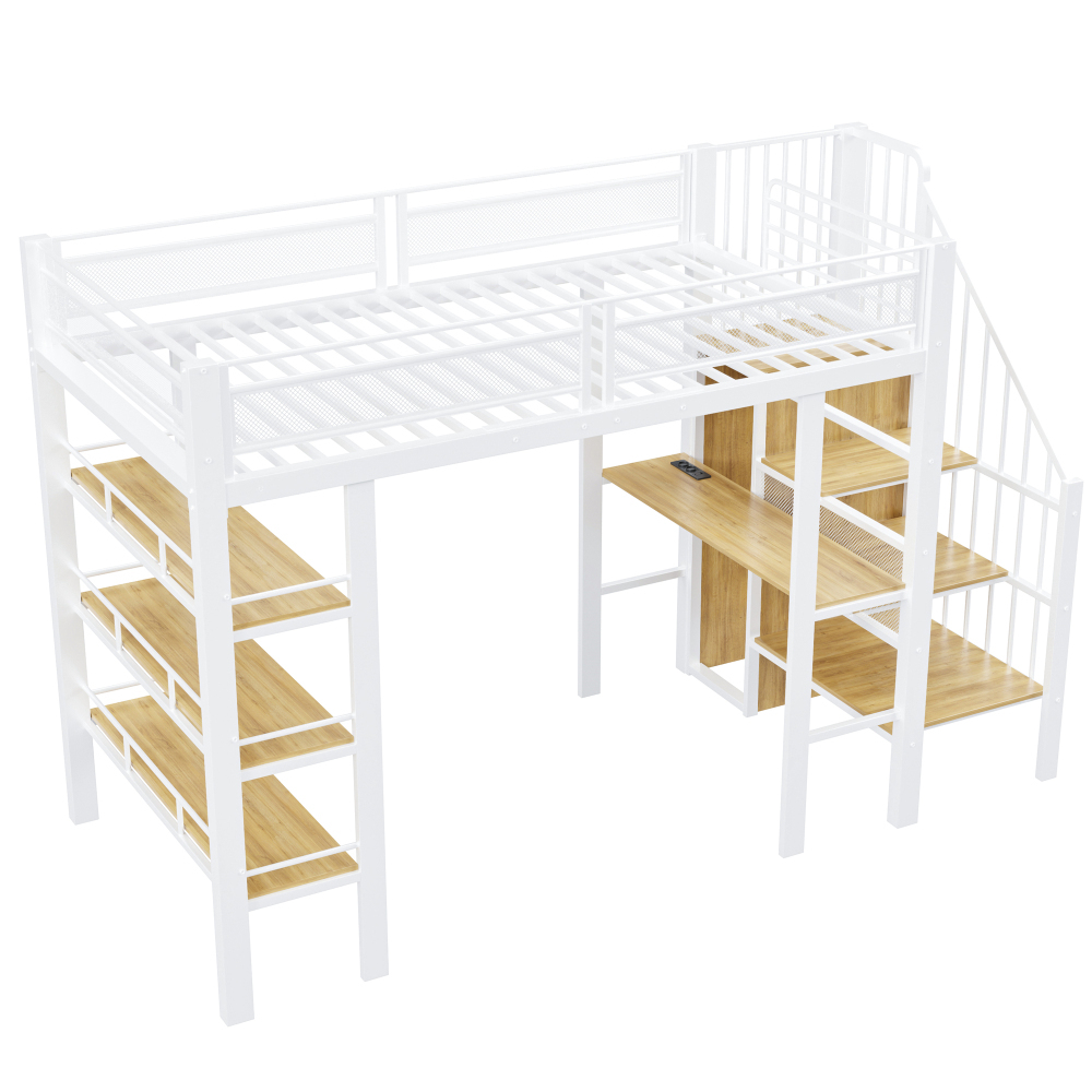 Image of 90 X 200, Sturdy Metal Loft Bed With Desk And Wardrobe In Stairs, Three-tier Storage Shelf, Durable Iron Construction, Ladder Mounted On The Left Or Right