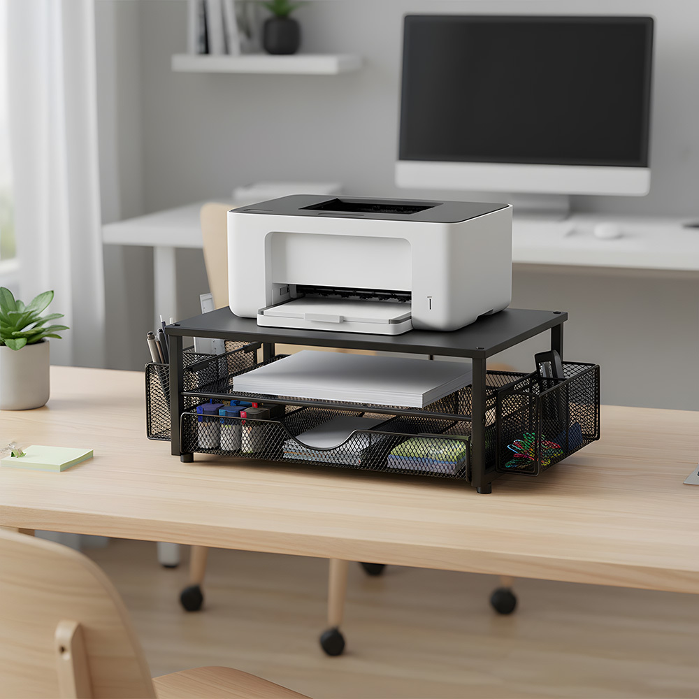 TEMU Heavy-duty Metal Printer Stand With Storage Drawer And 2 Pen Holders – Ideal For Printer, Fax Machine, Scanner And Documents – Space-saving