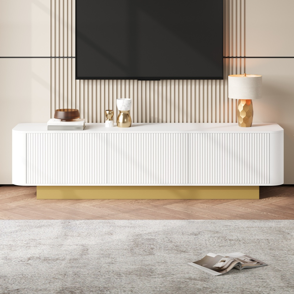 Image of 170 Cm Tv Lowboard (lang) Modern Tv Lowboard With Storage Space – Rounded Design, Cable Management, Textured Front, – Media Console Living Room