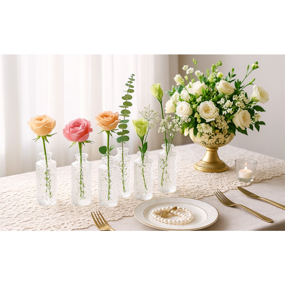 TEMU Set Of 6 Small Glass Vases - Vintage Bud Vases For Table Decor (5.5x13cm) | Centerpieces, Wedding, Gift | Thick Glass For Flowers & Tea Lights