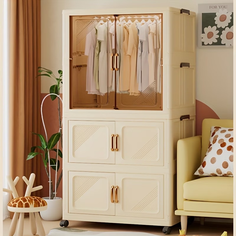 TEMU 1pc 3 Layer Foldable Wardrobe Closet Organizer, Portable Household Movable Storage Cabinet With Wheels And Magnetic Closure, Easy To Assemble,