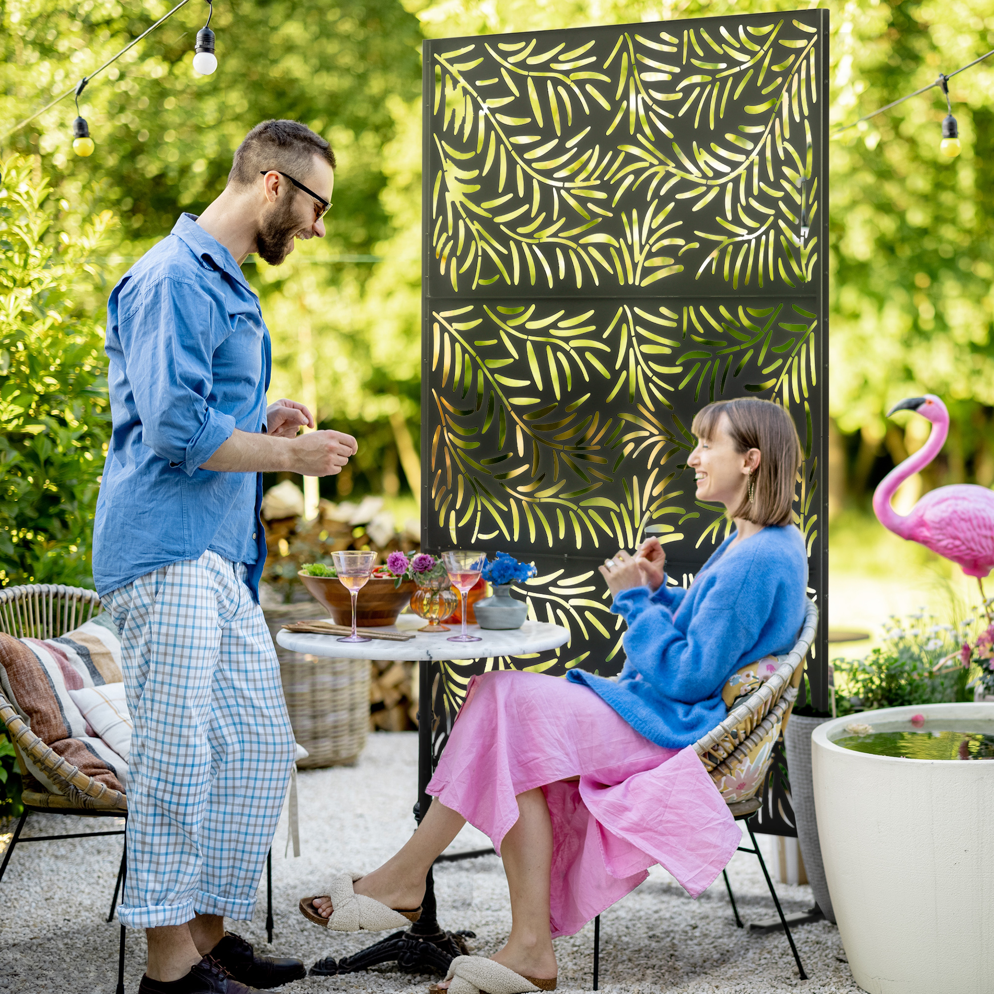 Privacy Screen With Stand, Room Divider With Pattern, 122 X 198 Cm Partition Wall Room Divider For Garden, Terrace, Steel, Black