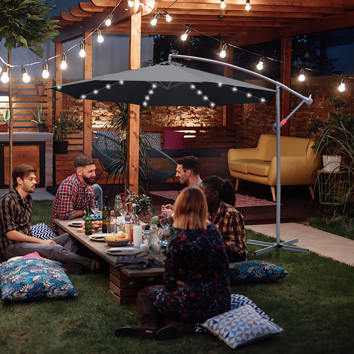 Parasol, parasol cantilever, avec support et lumière, protection solaire, protection UV jusqu'à UV30+, ouverture et fermeture faciles, pour jardin, terrasse, 300 cm