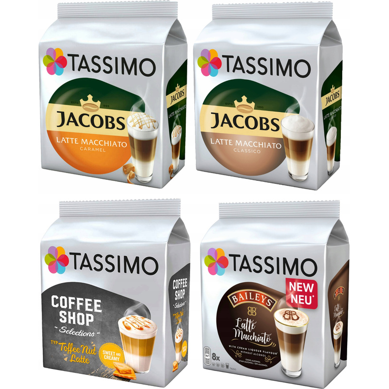 Zestaw Tassimo Latte Macchiato, Karmelowy Latte, Orzechowe Toffy, Baileys: retailer-supplied image