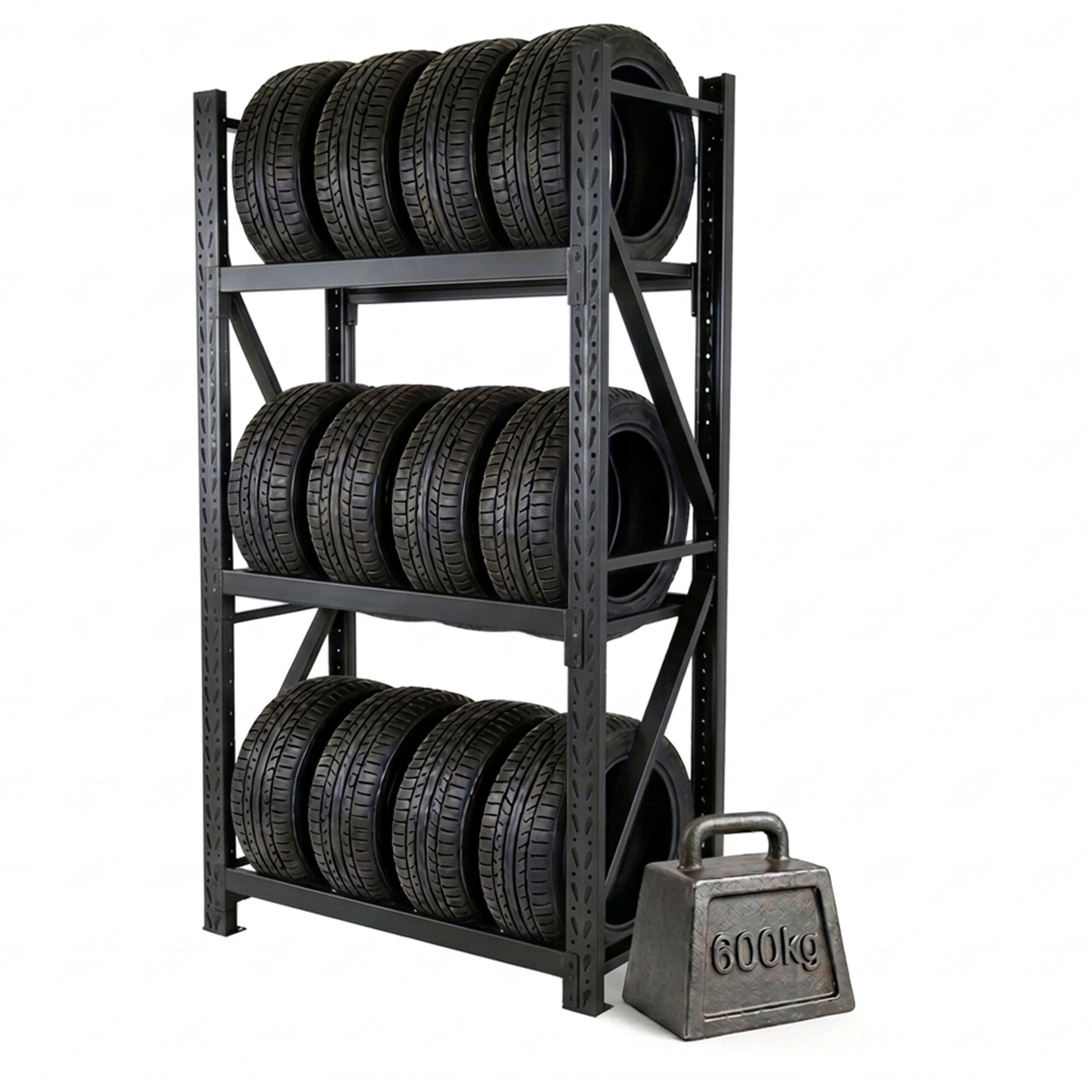 TEMU Estantería neumáticos, 180 x 120 x 50 cm, acero, negra, de encaje sin tornillos, 3 niveles regulables , capacidad de carga de 600 kg, para