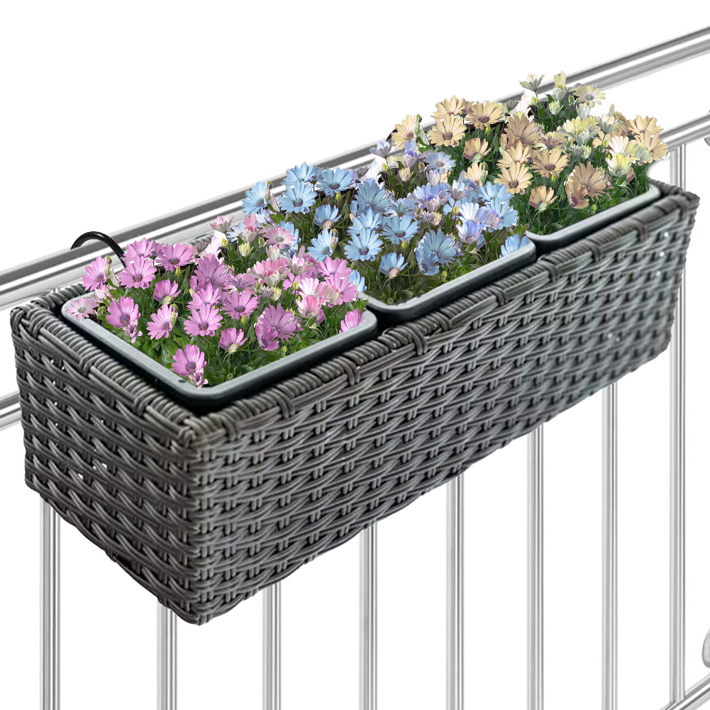 Image of Bakaji Rattan Effect Planter With Hooks And Rings For Balcony, Balcony And Table Flower Vase For Outdoor And Indoor, 3-compartment Uv-resistant Support, 49 X 19 X 15 Cm