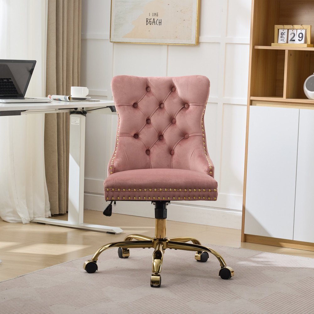 Image of Upholstered Chair With Wide Deep Seat, Hand-drawn Buttons, Rivet Decoration, Gold-plated Metal Base, 63x50x98 Cm, Home Furniture