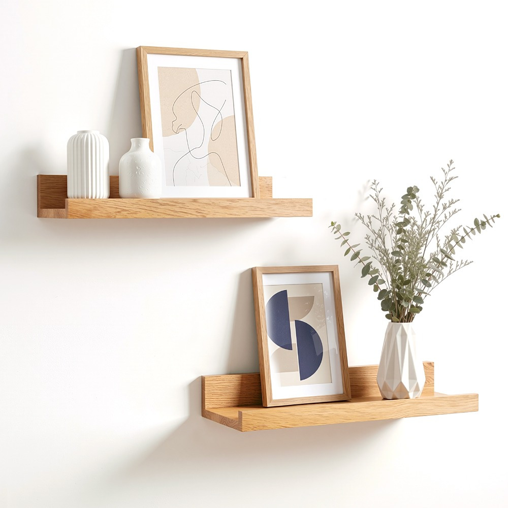 Image of 2pcs 30cm Hanging Shelf, Oak Solid Shelf Floating Shelf Wall Shelf, Storage Shelves For Hanging Plants, Photos, Wooden Shelves For Children's Room, Bedroom, Bathroom, Living Room, Wall Decoration