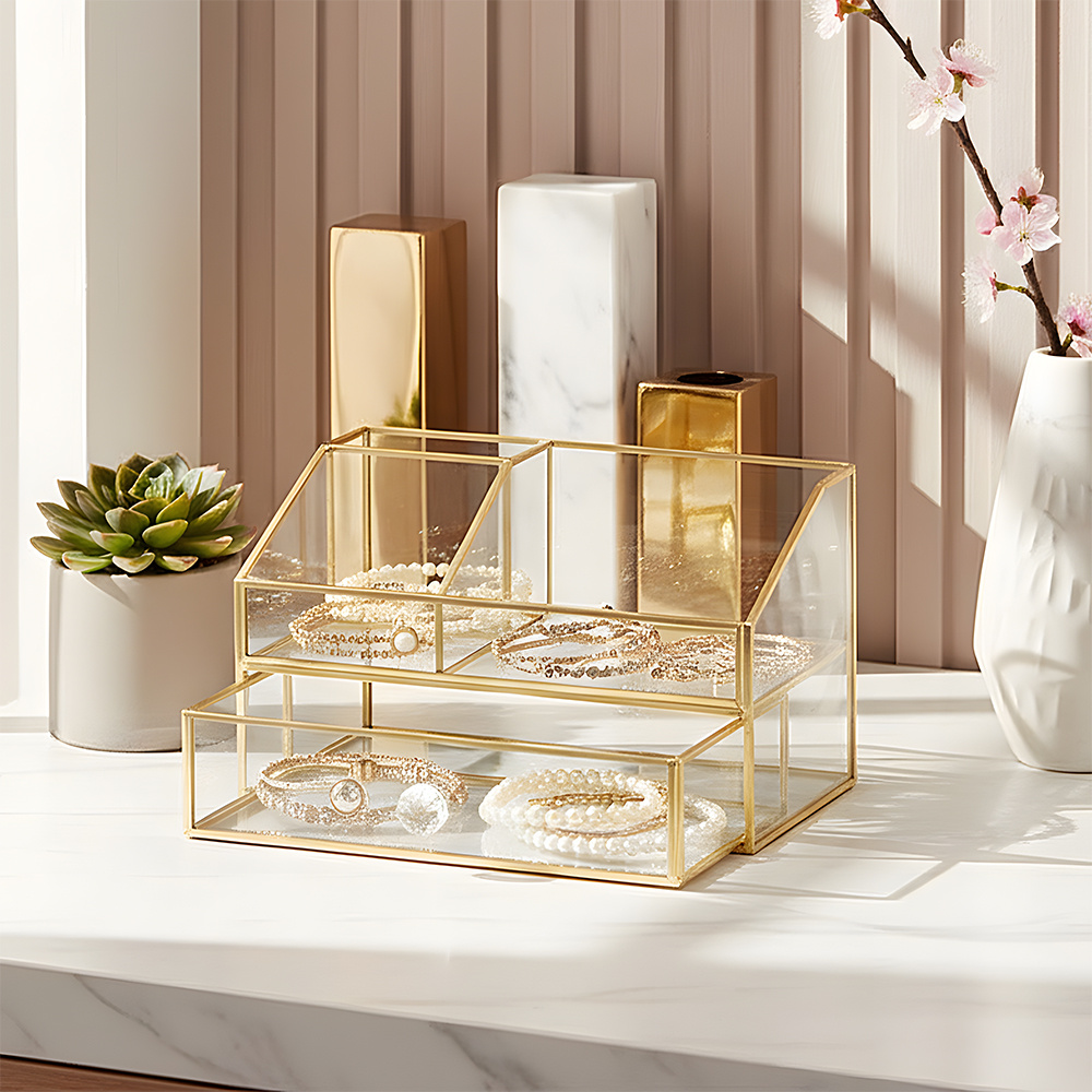 Double Layer Cosmetics Jewelry Box with Earring Organizer