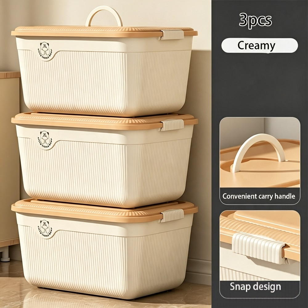 TEMU 3‑pack Plastic Storage Boxes With Lids, Multi‑functional Modern Simple Square Storage Containers, High‑quality & Durable, Lightweight, For