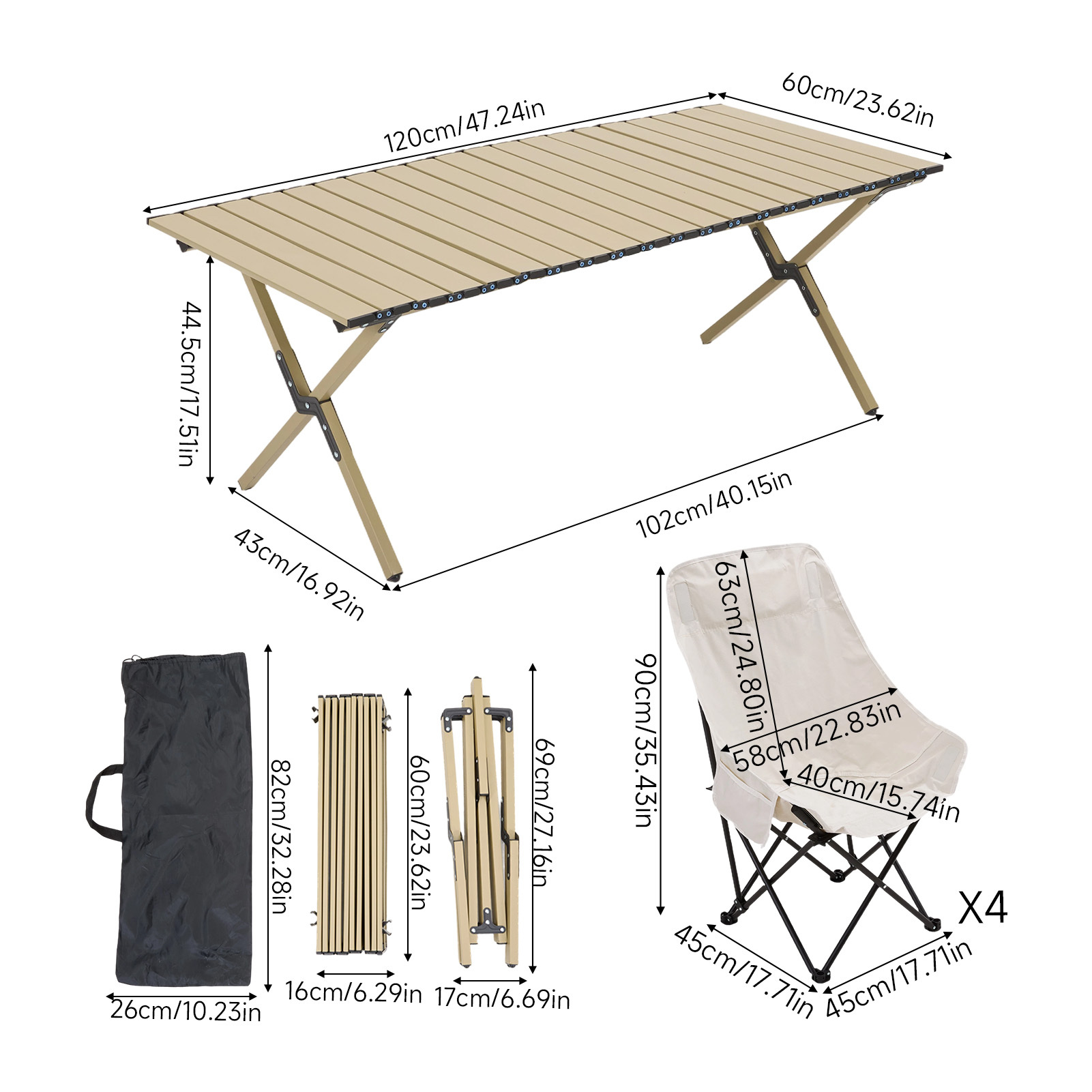 5pcs Outdoor Table and Chair Set, Khaki Square Table