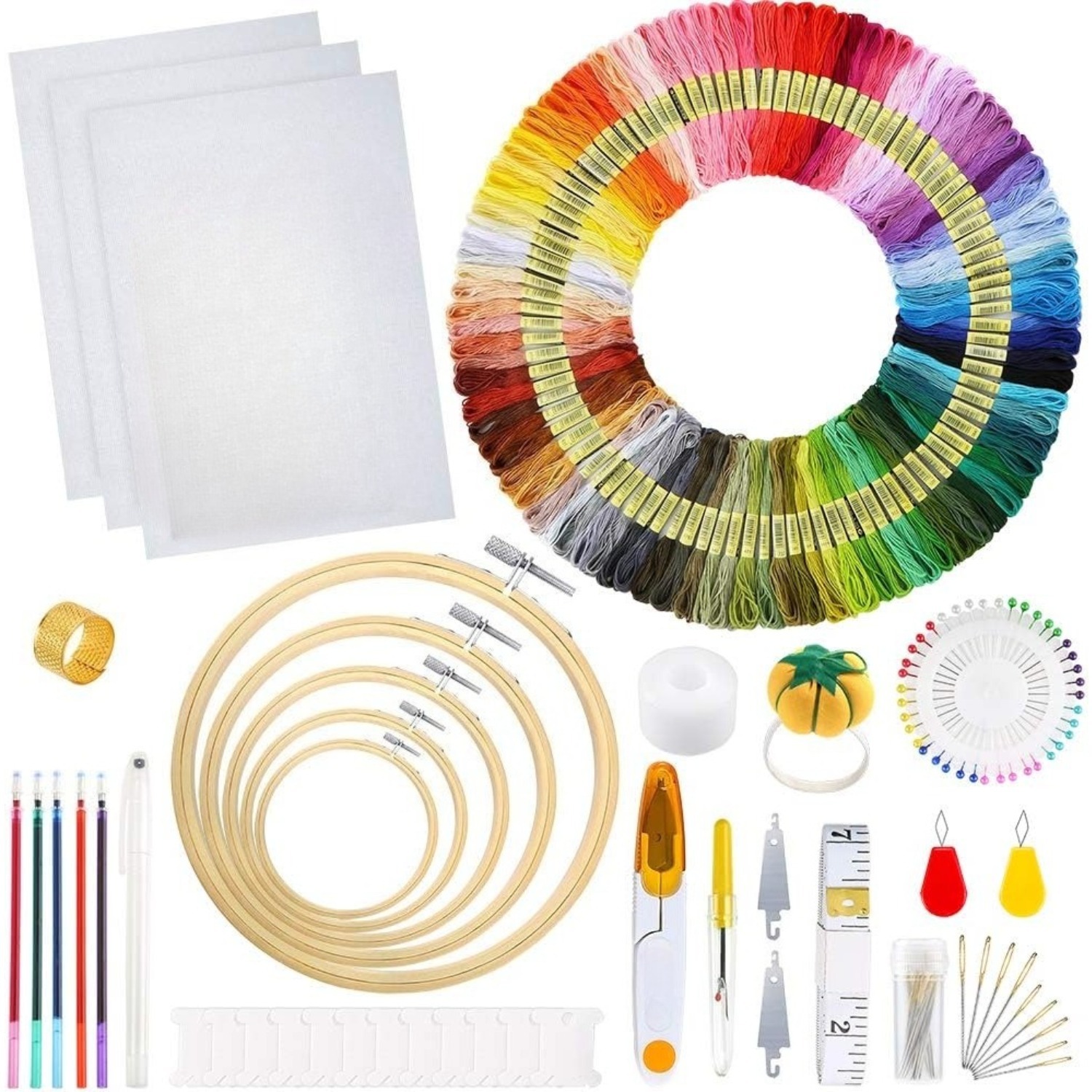 E-shop 1set Stickereiset, 100 Stickgarne, 5 Stück Bambus-Stickrahmen, 3 Tücher und Kreuzstich-Werkzeugset, Handstickerei-Starterset für Anfänger und