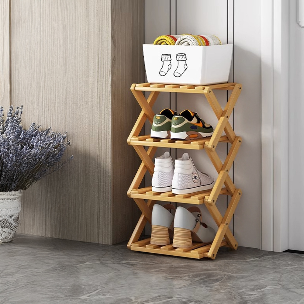 TEMU 4 Tier Wooden Shoe Rack, Vertical Shoe Racks Storage, Narrow Shoe Stand, Installation Free Folding X-shape Shoe Racks Sneakers Holder, 5 Layers