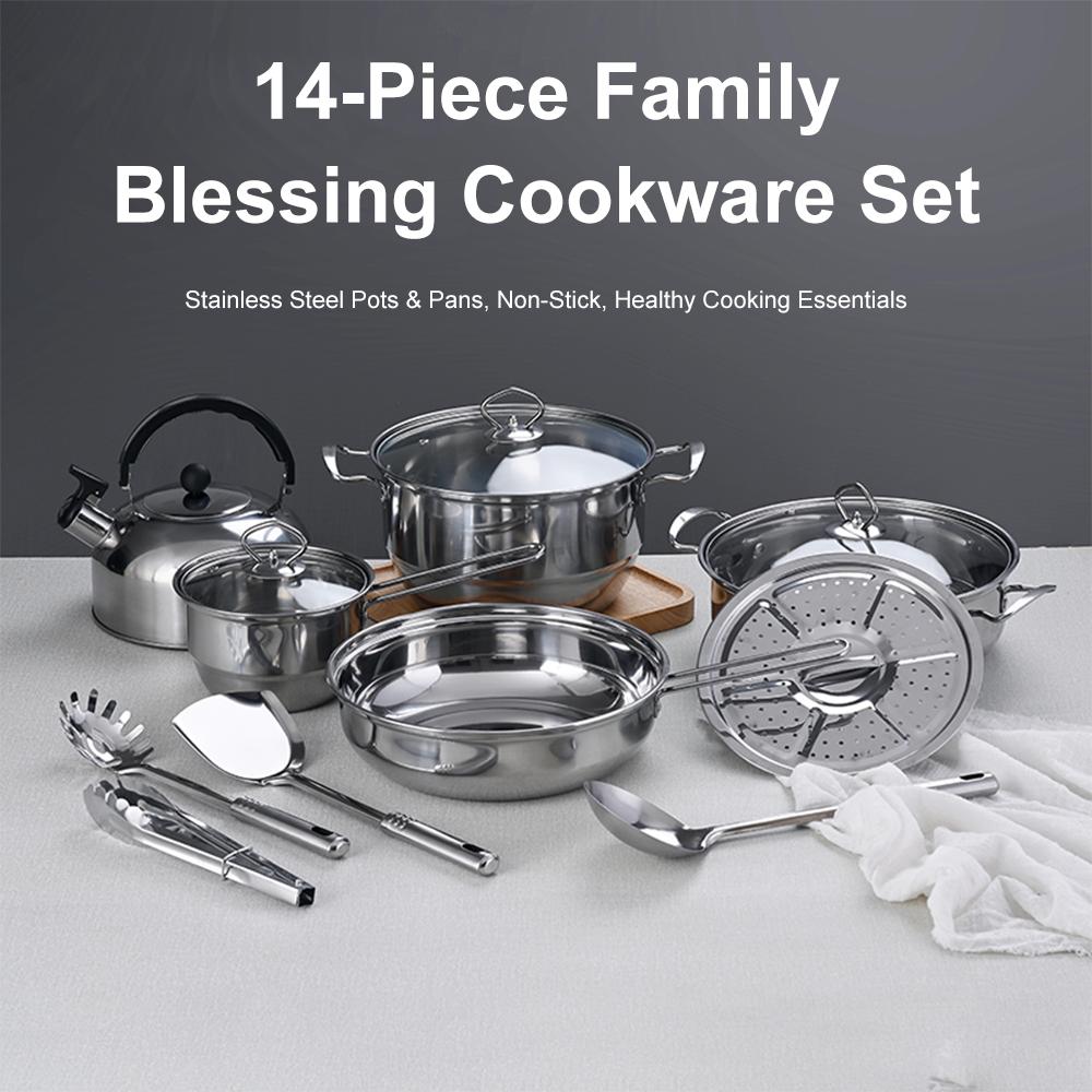 Image of 14pcs Cookware Set 410 Stainless Steel Kitchen Tools Including Pot, Kettle, Spatula, Ladle, Slotted Spoon, Steaming Plate, And Tongs