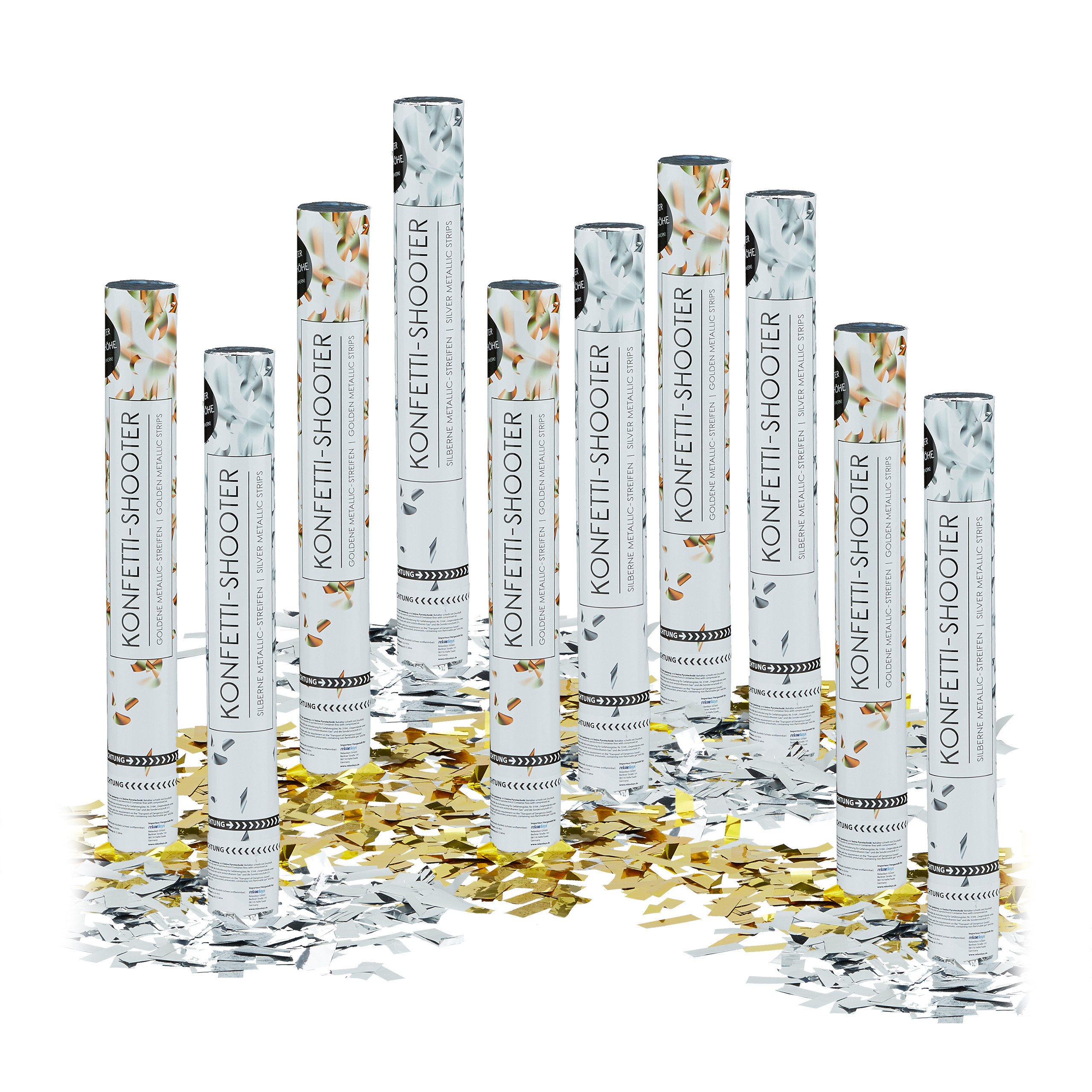Image of Confetti Metallic, 10pcs Set, 40 X 5 X 5 Cm, Golden And Silvery Foil Confetti, Safety Net, Effect Height 6-8 M, For Weddings, Birthdays, New Year's Eve , Party Popper, Confetti Launcher, Relaxdays