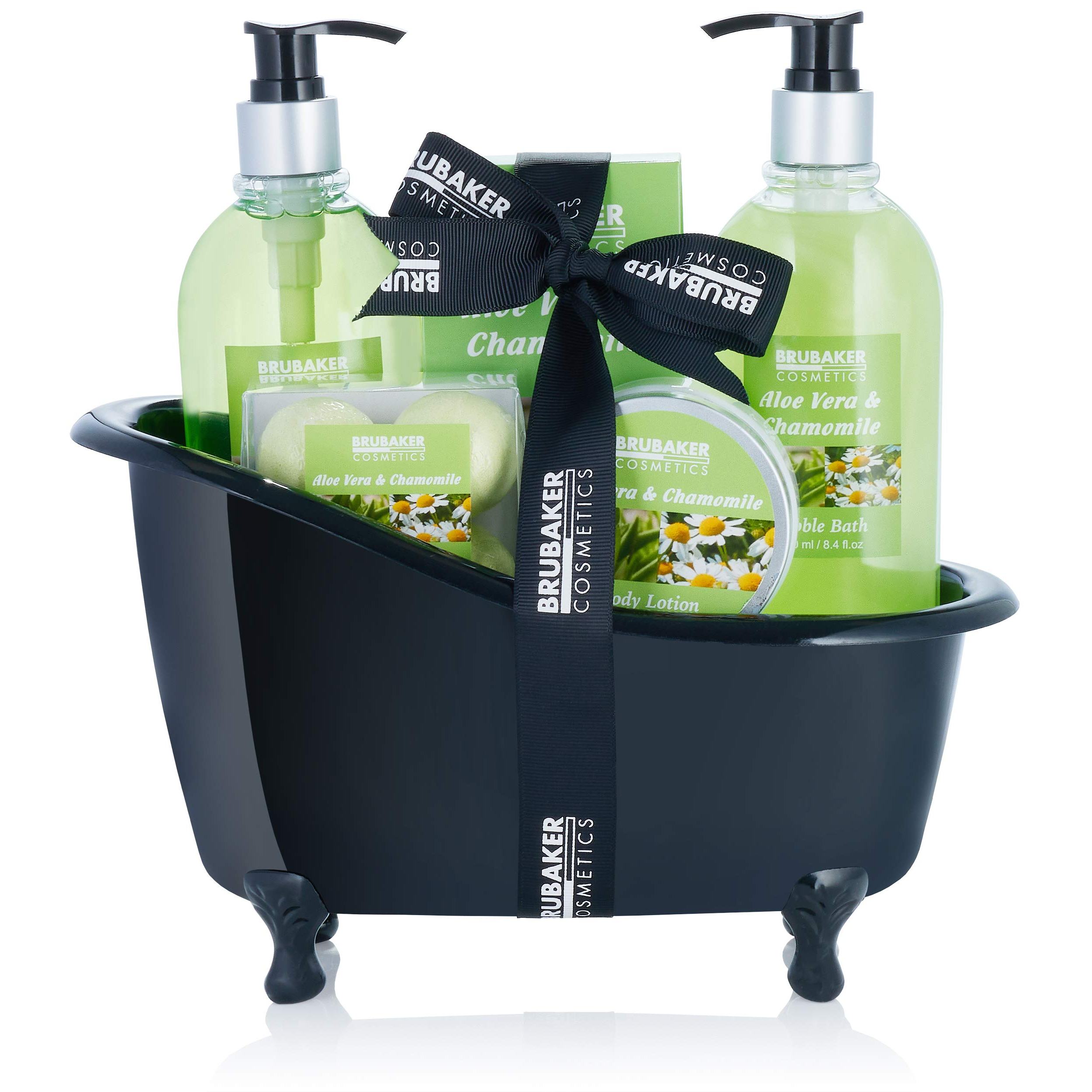 Image of Brubaker Cosmetics Aloe Vera Chamomile Bath Gift Set With Decorative Bathtub, Black, 9-piece