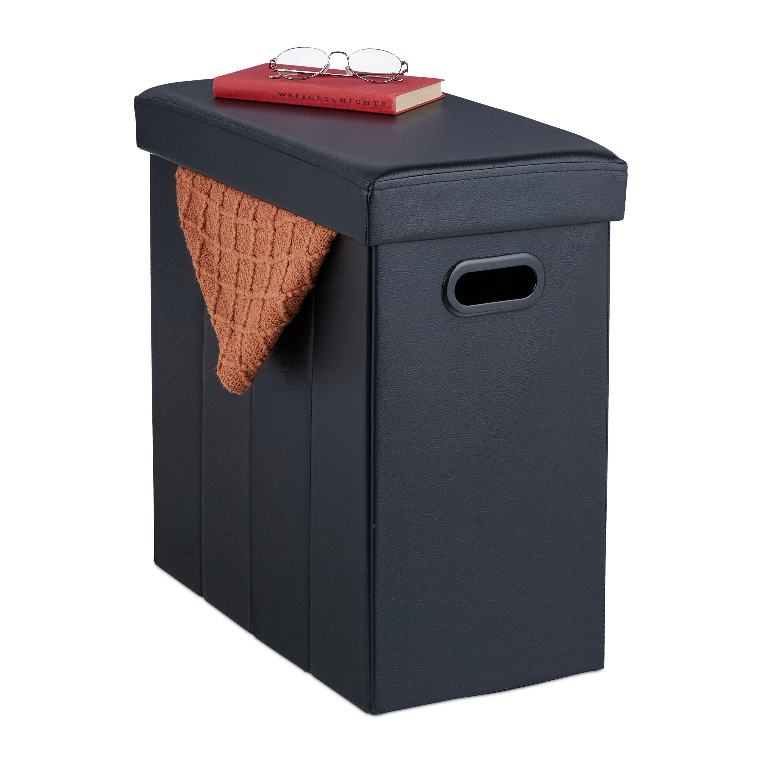 E-shop Relaxdays Sitzhocker mit Stauraum, Kunstleder, gepolstert, Faltbarer Hocker, Wohnzimmer, HBT: 49 x 48,5 x 27 cm, schwarz