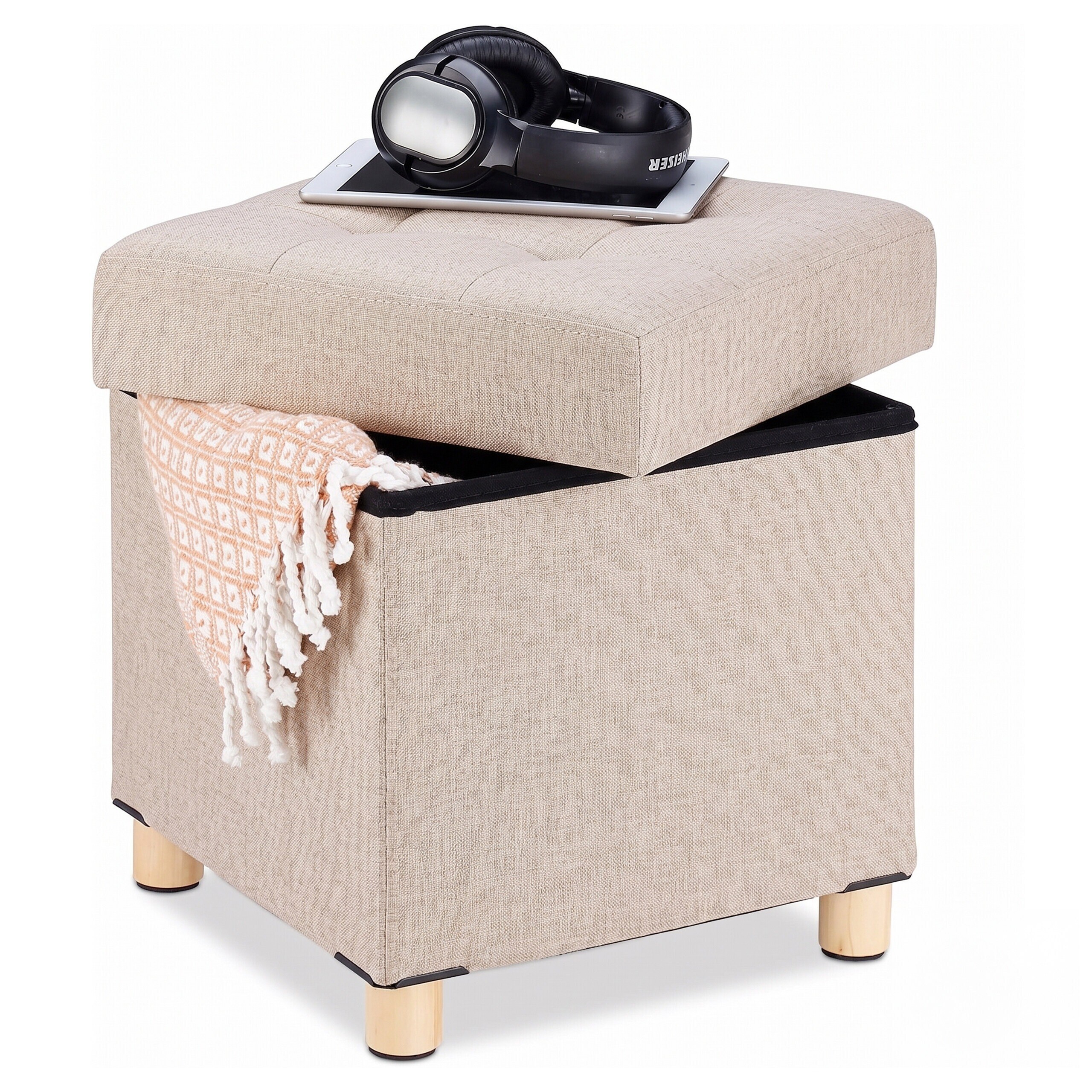 TEMU Pouf con vano portaoggetti, imbottito e trapuntato, rivestimento in tessuto lino, beige, 40 x 38 x 38 cm, MDF, poliestere, schiuma e legno, per