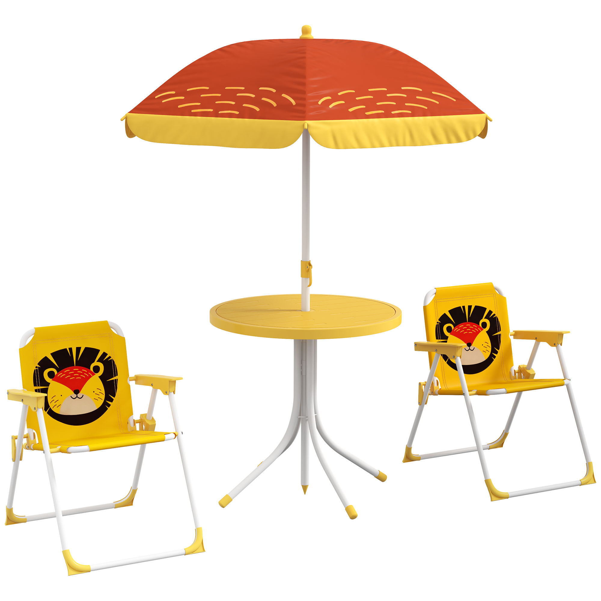 TEMU Outsunny Conjunto de Mesa y Sillas para Exterior Infantil Set de 2 Sillas Plegables y Mesa para Niños Mesa con Sombrilla Ajustable Temática para