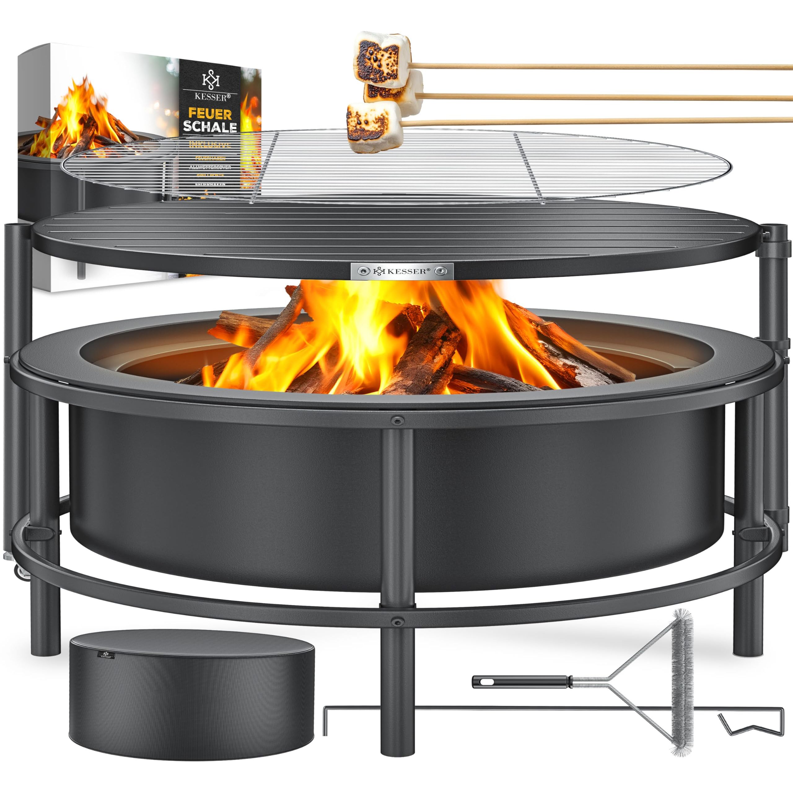 Image of Kesser® Fire Bowl With Grill Grate Ø65cm Fire Basket 0.6mm Cold- Steel | Mobile With Tires | Wood & Charcoal Fire Pit . 60cm Fire Hook Made Of Cast Iron, Ø52cm, Brush & Cover