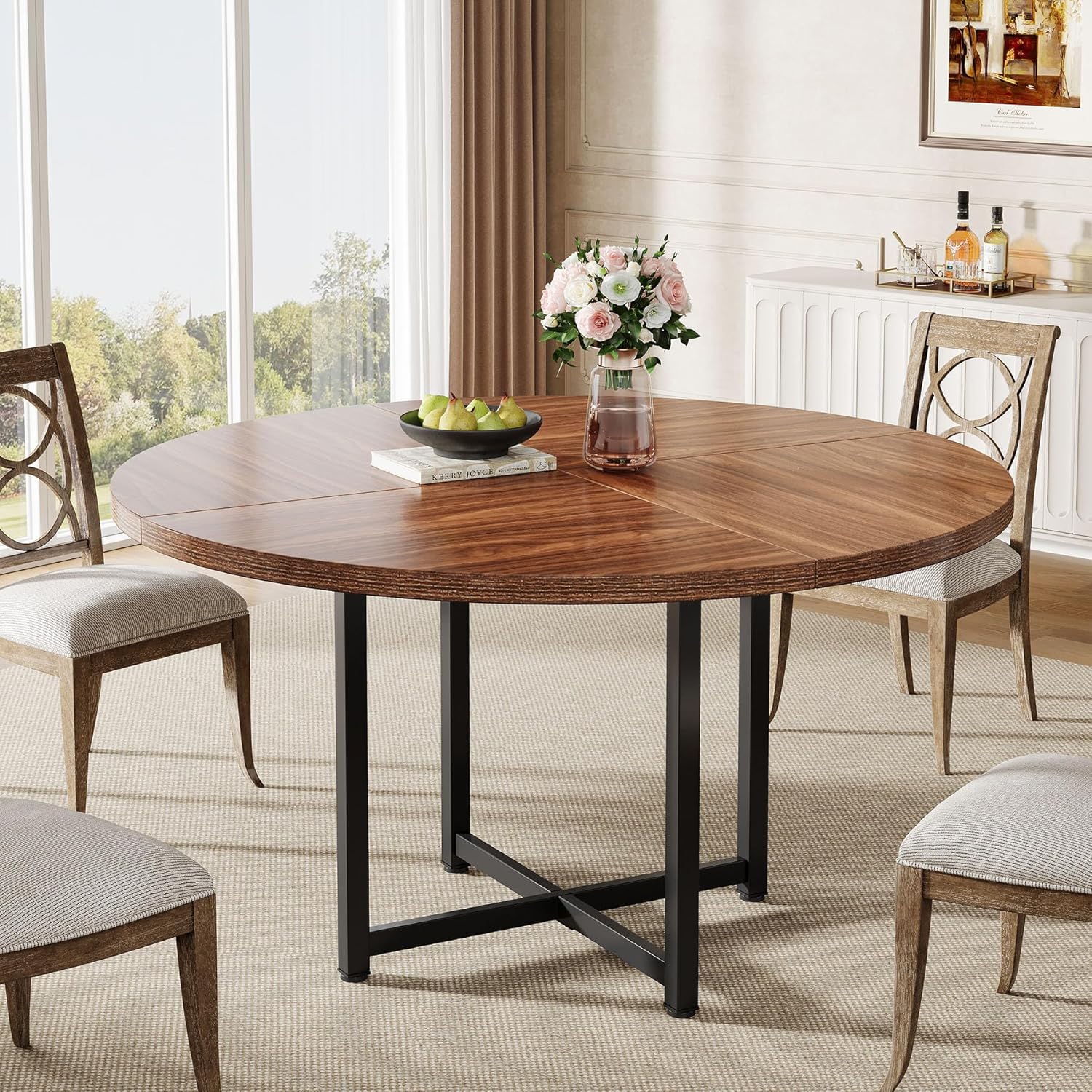120cm Round Industrial Dining Table, Table With Sturdy Metal Frame For Small Spaces Living Room Apartments.